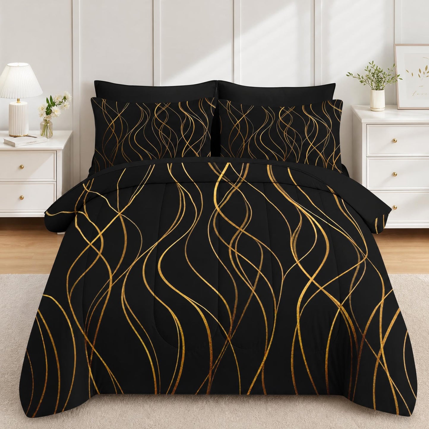 Boewywh Comforter Set Twin Size Gold Black Abstract 7 Pcs, Bedding for Kids and Adults, Bed Sheet Sets with Fitted Sheet 2 Pillowcases & 2 Shams for Bedroom Bed Decor