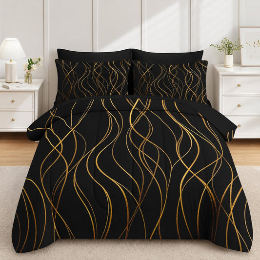Boewywh Comforter Set Twin Size Gold Black Abstract 7 Pcs, Bedding for Kids and Adults, Bed Sheet Sets with Fitted Sheet 2 Pillowcases & 2 Shams for Bedroom Bed Decor