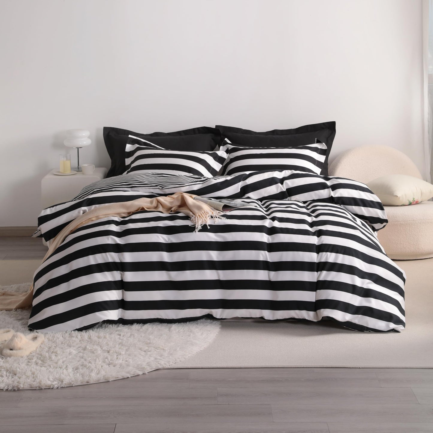 NTBAY 3 Pieces Duvet Cover Set Queen Size, Reversible Zipper Comforter Cover with 4 Corner Ties and 2 Pillow Shams, Soft Brushed Microfiber Comforter Cover Set with Black and White Striped Printed
