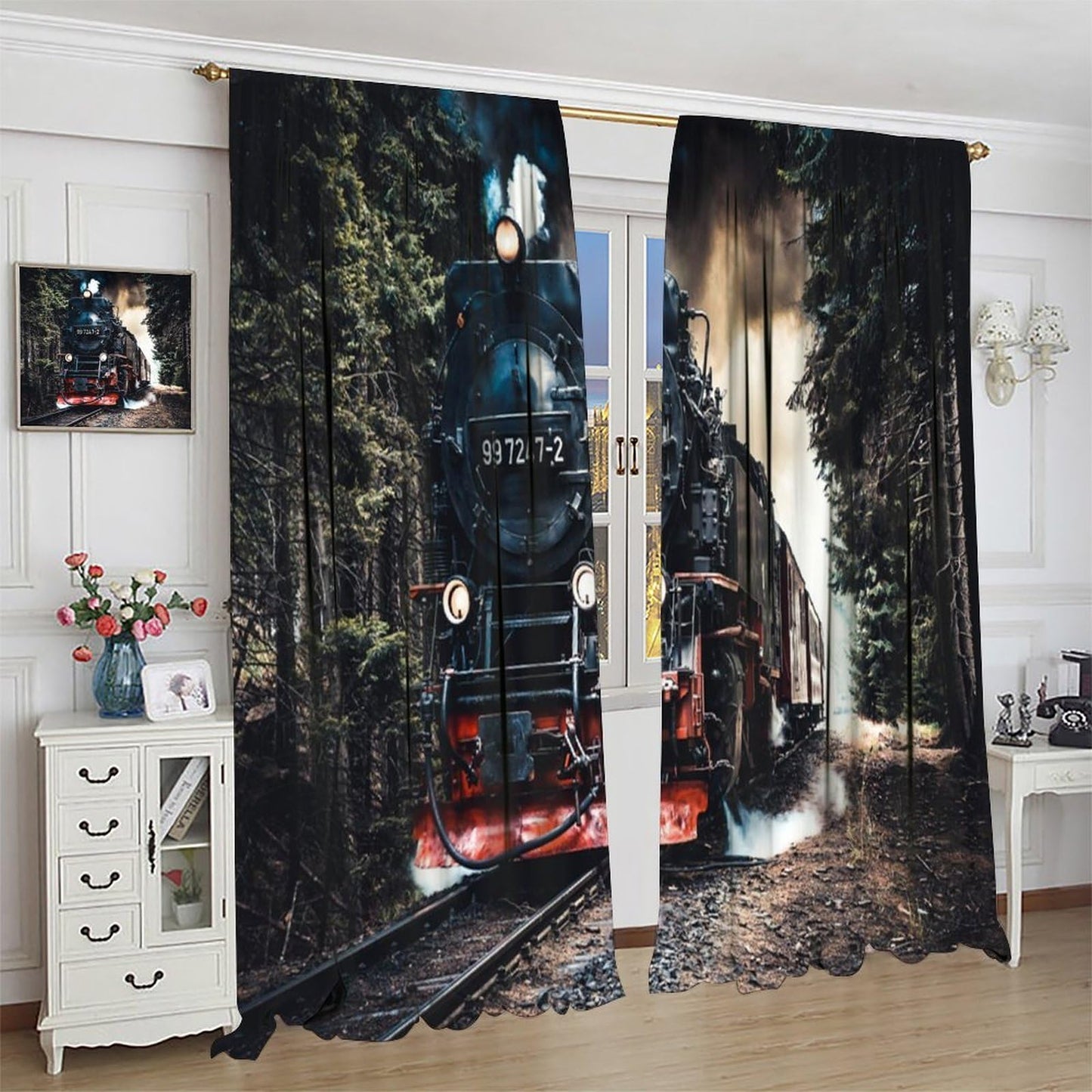 Train Curtains, Retro Country Forest Steam Train Pattern Drapes for Bedroom Living Room Kitchen Window Treatment 2 Panels Set Total Size 42" W X 45" L Inch