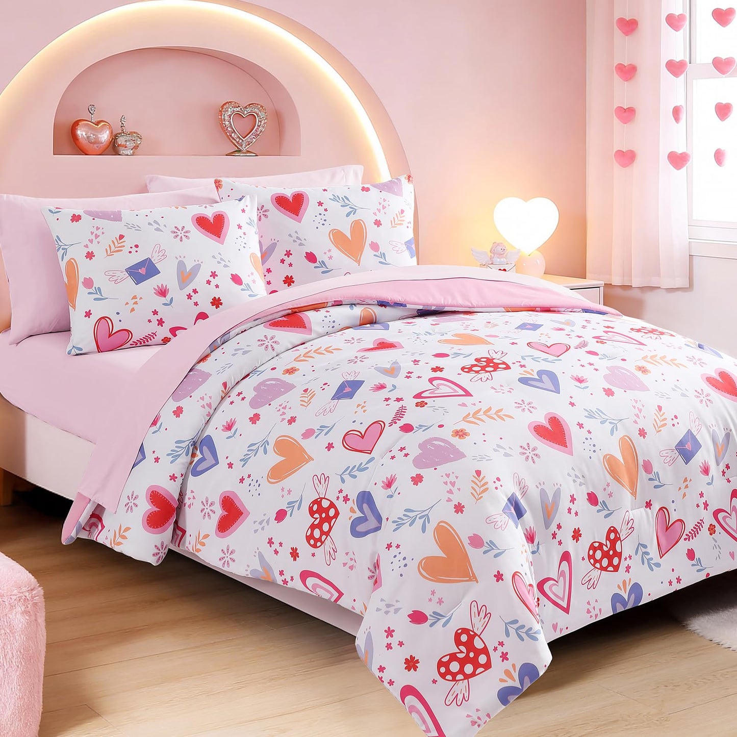 Kaleido Space Twin Comforter Set for Girls Kids - 5 Pieces Heart Twin Bedding Sets for Girls Teen, Soft Cozy Bed in A Bag with Sheets