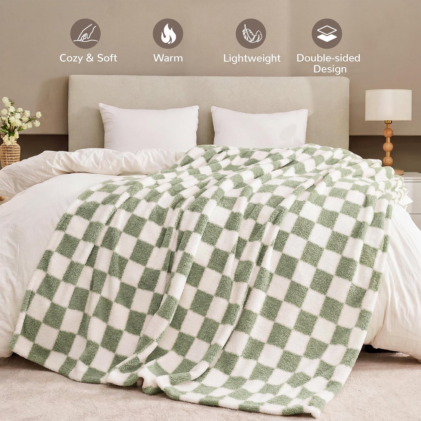 SUPRYNEX Sage Green Checkered Throw Blanket, Soft Plush Microfiber Fleece Blanket for Couch Sofa Travel, Cozy Decorative Home Blanket, All Season, 50x70 Inches