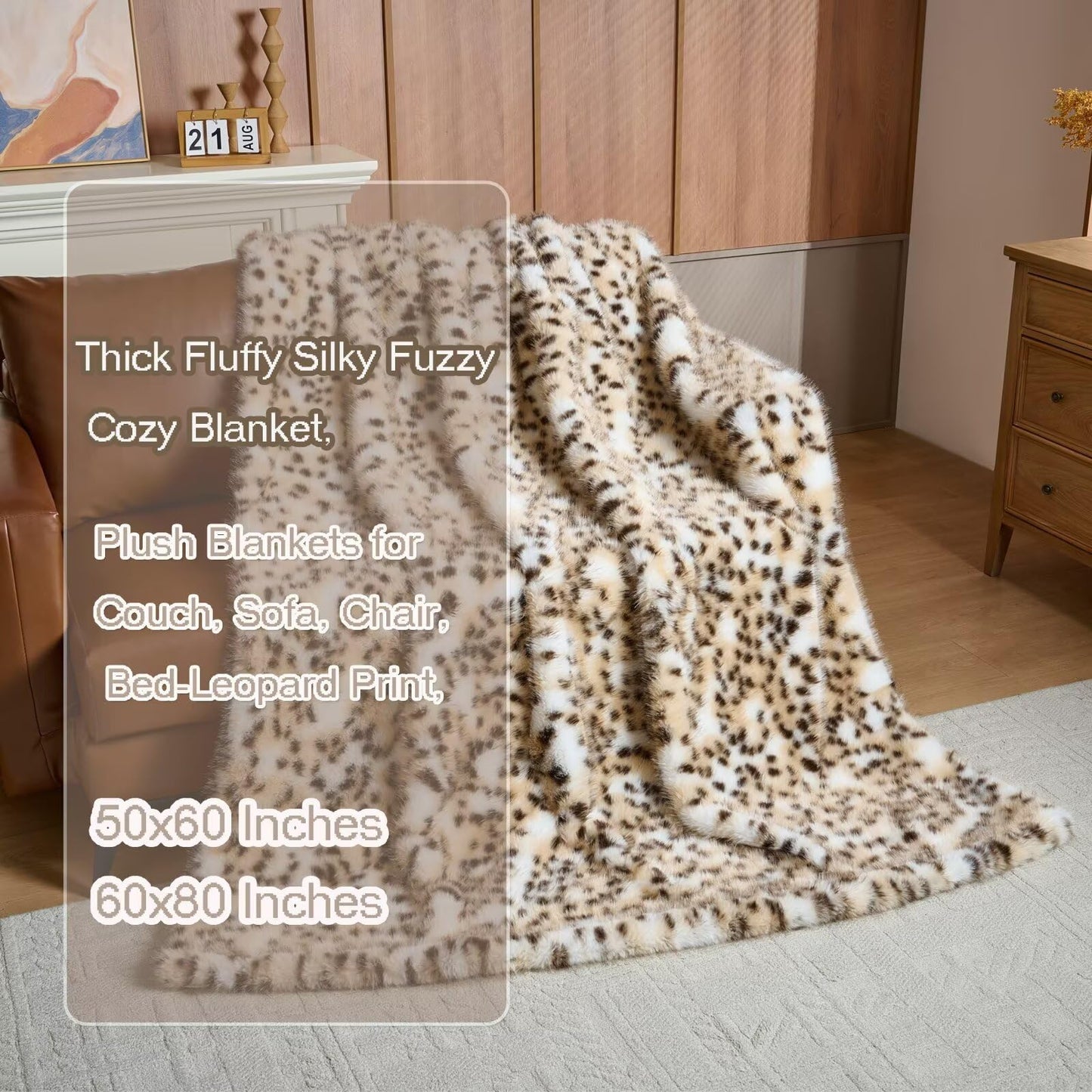 Luxury Fluffy Faux Fur Throw Blanket,Thick Fluffy Silky Fuzzy Cozy Blanket,Plush Blankets for Couch, Sofa, Chair, Bed-Leopard Print,50x60 Inches