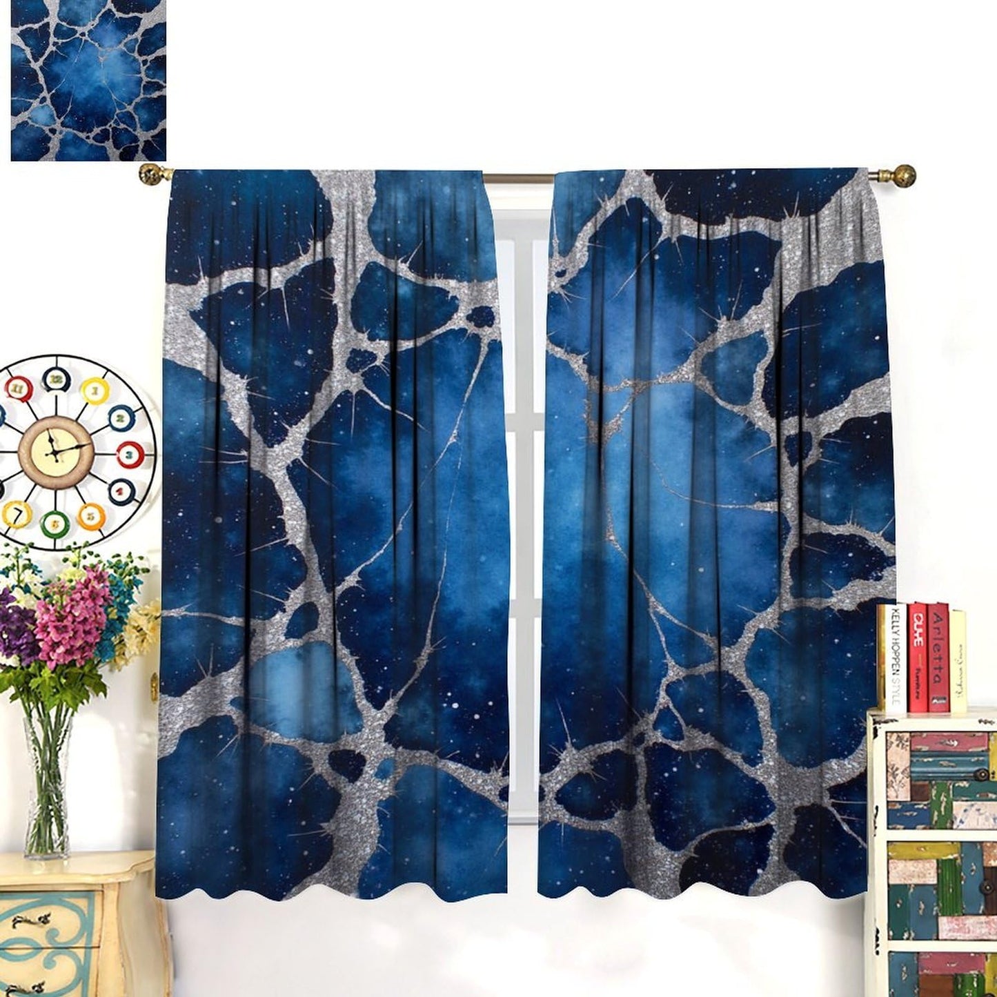 Abstract Marble Silver Line Crack Blackout Curtain, Mystical Neural Network Pattern Curtain Rod Pocket Thermal Insulated Window Drapes for Bedroom Living Room Decor, 21W x 45L Per Panel, 2 Panels