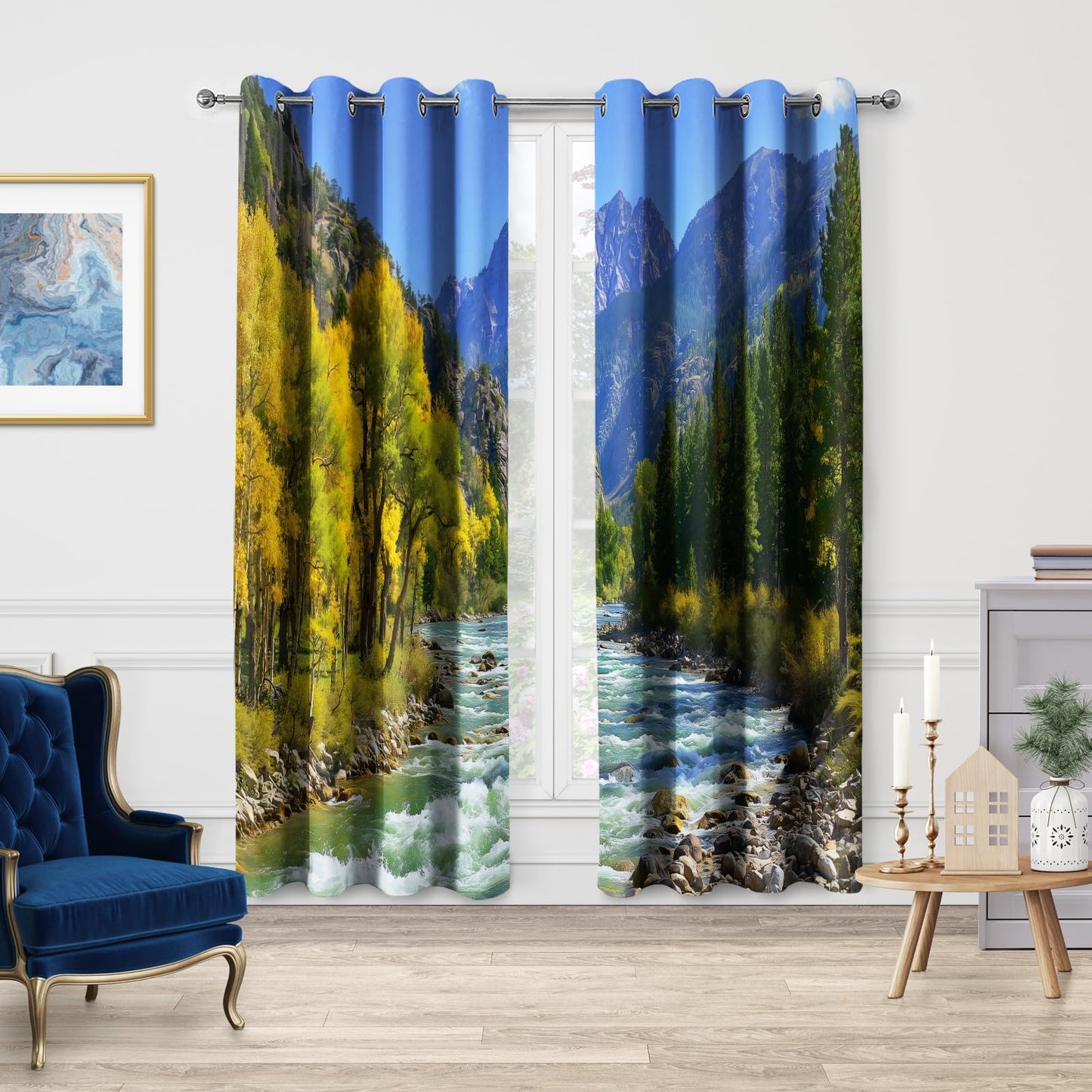 Jekeno Mountain River Curtains Jungle Forest for Bedroom Living Room Decor Nature Tree Blackout Curtain Grommet Window Drapes Landscape Wild Wilderness Scenic 2 Panel Set (52x84 Inch)