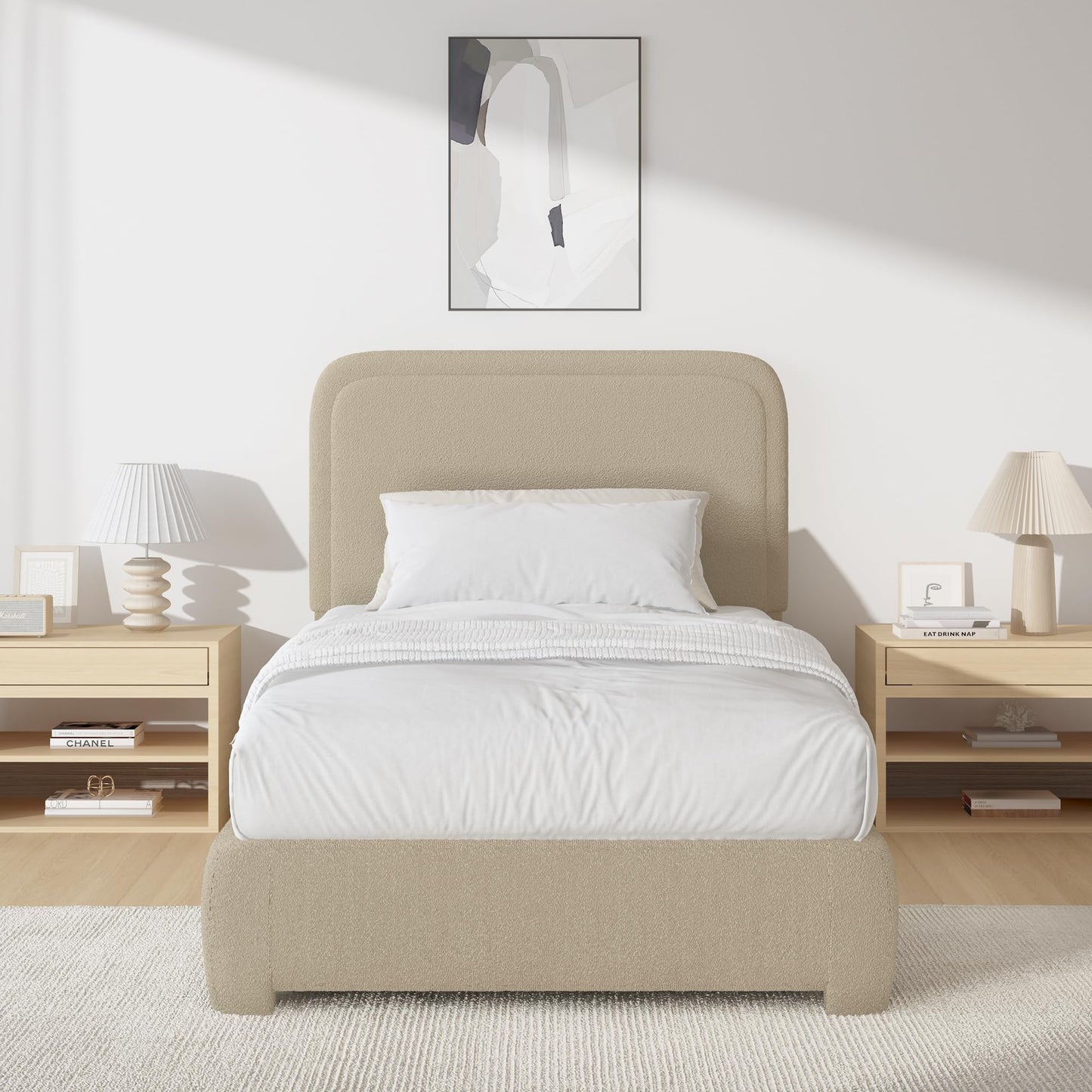BarnFurin Twin Bed Frames with Headboard,Cloud Boucle Upholstered Platform Bed, Soft Rounded Corners, No Box Spring Needed, Non-Slip and Noise-Free, Easy Assembly, Beige