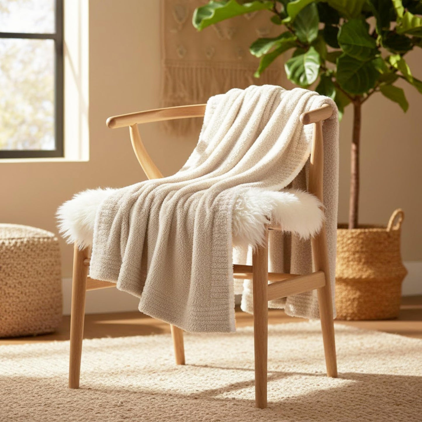 Contrast Trim Sand Stone & White Accent Tip Chic Throw Blanket Couch, Reversible Super Soft Knitted Blankets, Warm Knit Fuzzy Cozy Dreams Plush Lightweight Throws Dupes Sofa Bed 50" x 60"