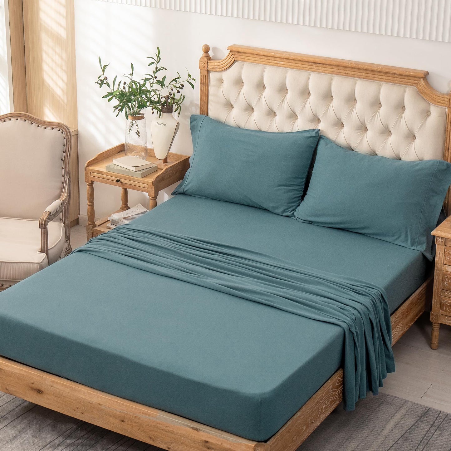PURE ERA Jersey Knit 4pc Bed Sheet Set 100% T-Shirt Cotton Super Soft Comfy Breathable Fits Mattress Up to 20" Extra Deep Pocket (Solid Cerulean Blue, Queen)