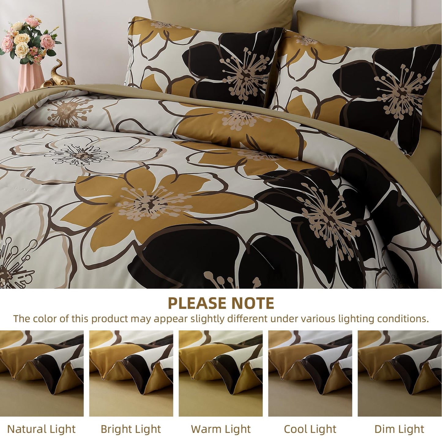 Anibedding 7 Pieces Floral Comforter Set Queen Size, Brown Black Flower Bedding Set Botanical Bed in a Bag Soft Microfiber Comforter Set with Sheets for All Season