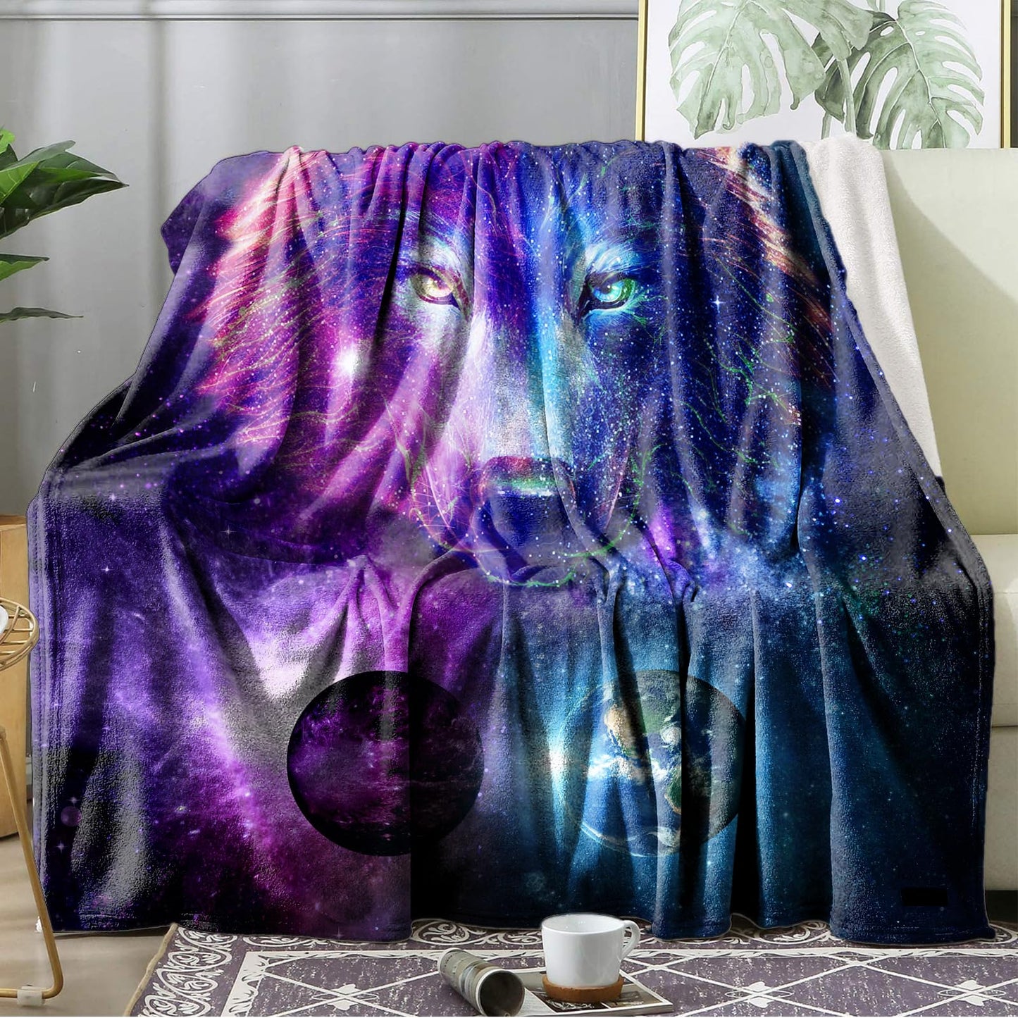 Fleece Throw Blanket 50"x60", Soft Cozy Warm Fuzzy Flannel Plush Blanket Colorful Galaxy Wolf Purple Planet Blue Earth Blanket for Couch, Sofa, Bed, Living Room