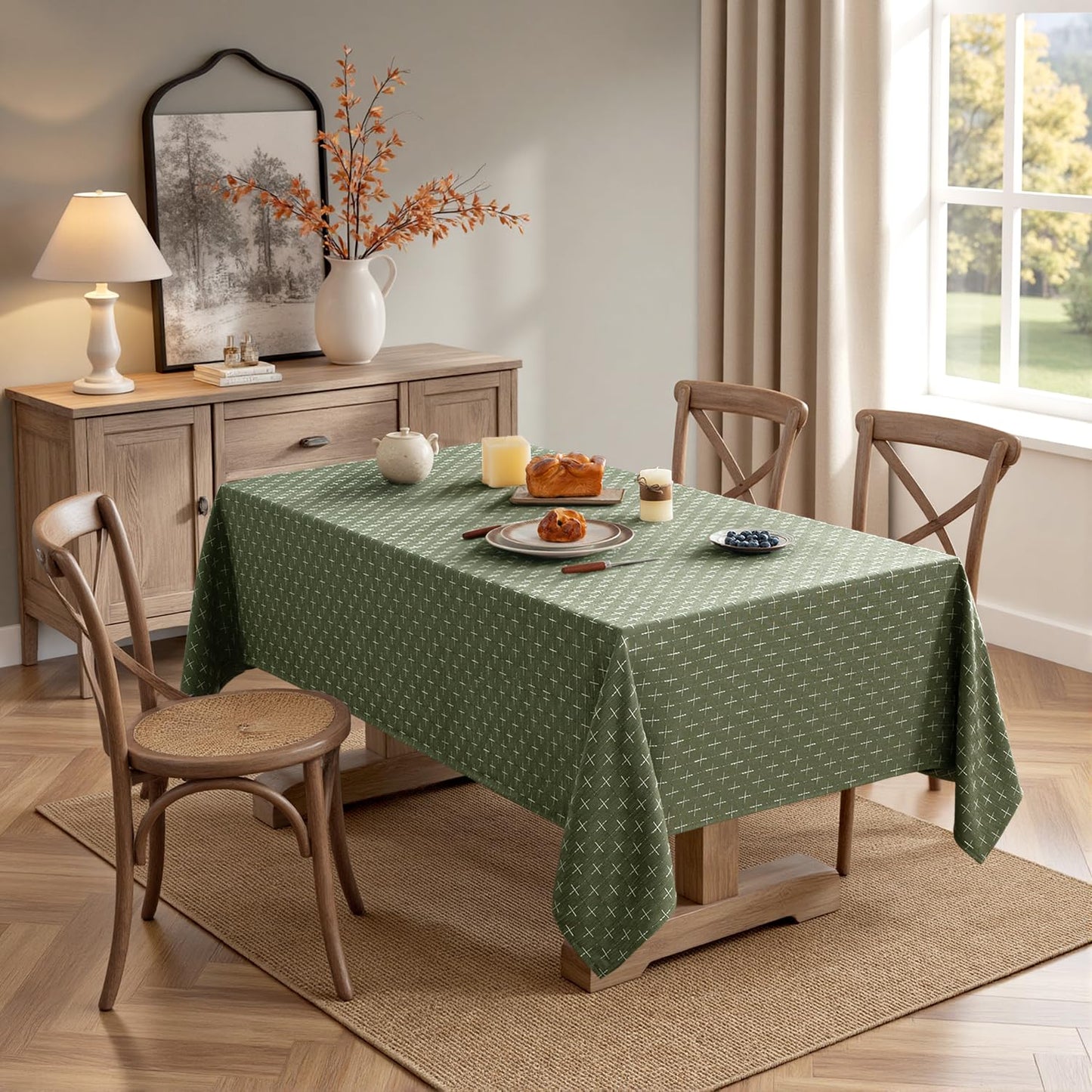 MIULEE Olive Green Linen Table Cloth Rectangle Tablecloth Waterproof Spring Spillproof Cross-Star Textured Table Cloth, Decorative Rustic Farmhouse Style for Dining/Party/Buffet/Wedding,60x84 Inch