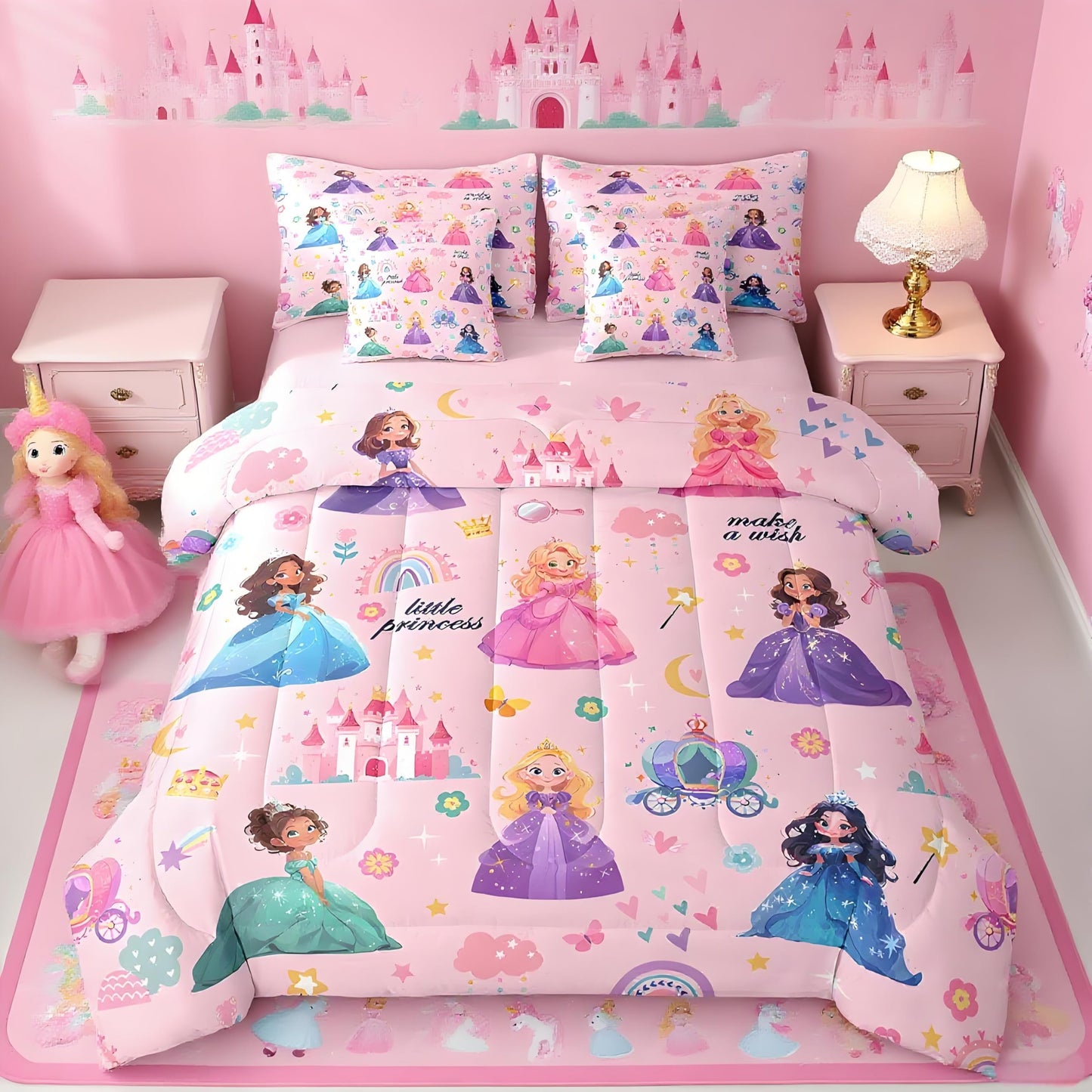 jejeloiu Kids 7 Piece Princess Bedding Set Queen Size Pink Castle Bed Set Includes Comforter, Sheet Set, Pillowcases & Pillow Covers Bedroom Decor Fairy Dreamy Bed in a Bag Breathable Soft