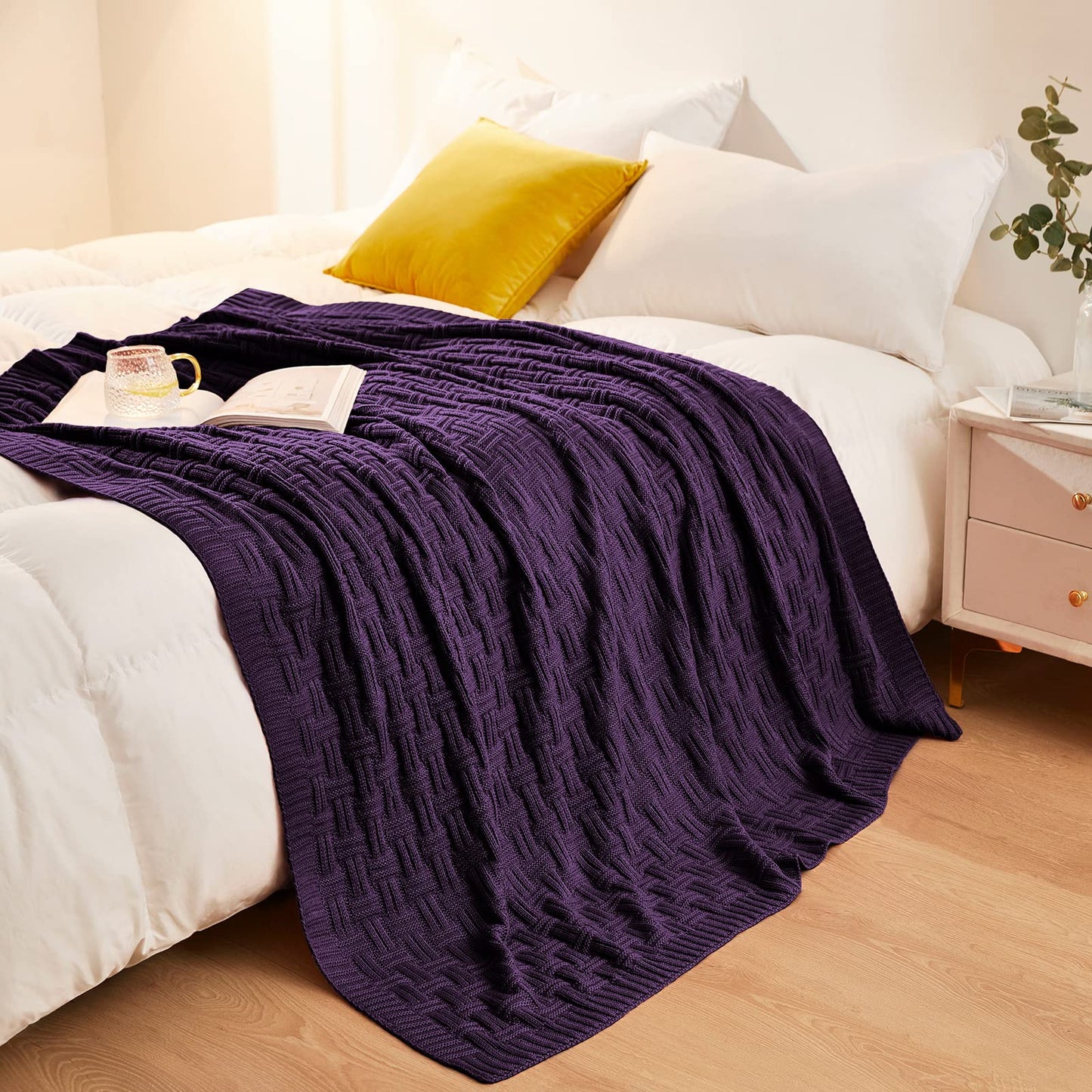 Aormenzy Soft Cozy Acrylic Throw Blanket, Cable Knit for Couch, Dark Purple (1.7lb)