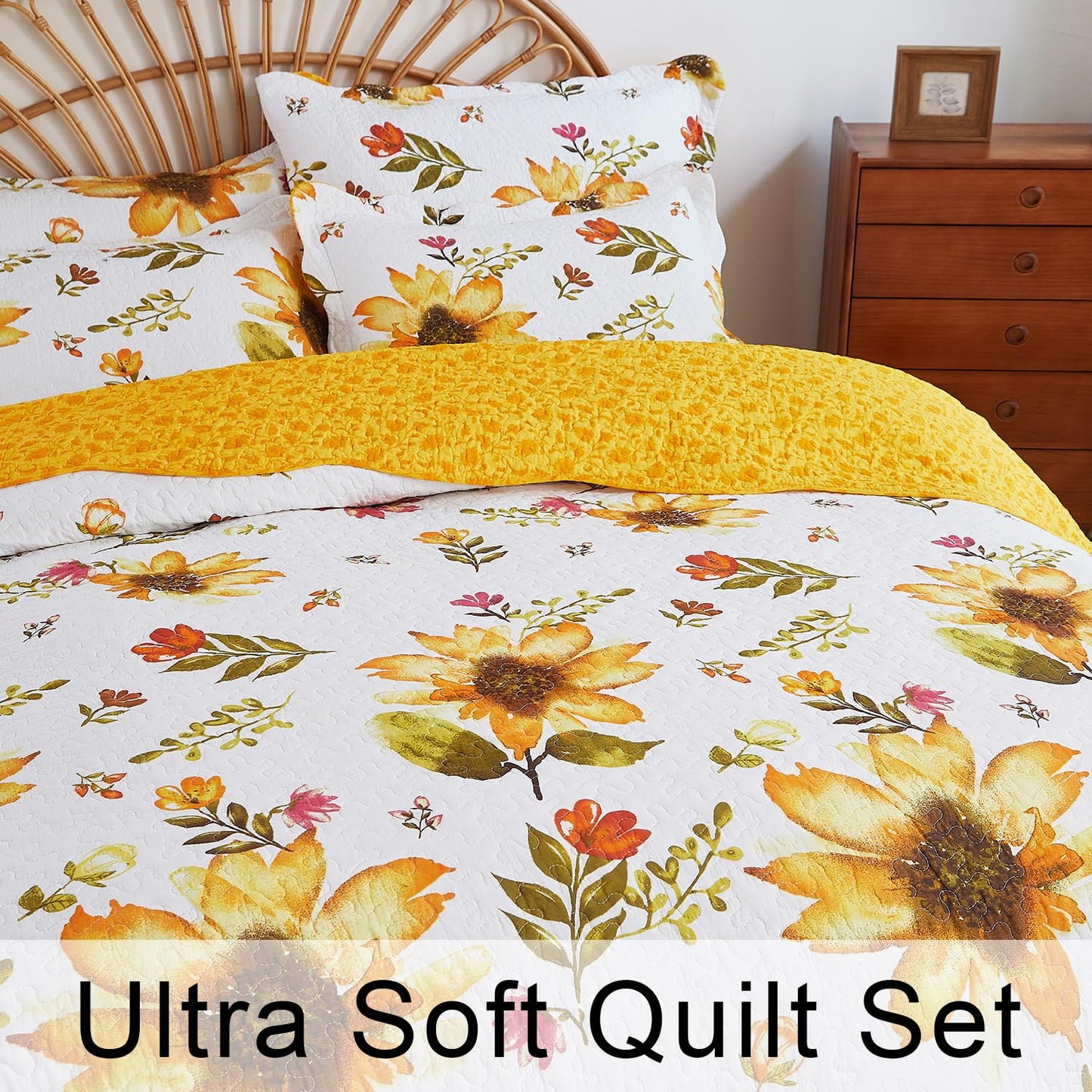 Cmfshape Floral Quilt Sets Bedspread Set,100% Cotton Yellow Sunflower Bedding Set,Reversible Lightweight Soft Bedspread Coverlet for All Season with 2 Pillow Shams(Queen 92"x96")