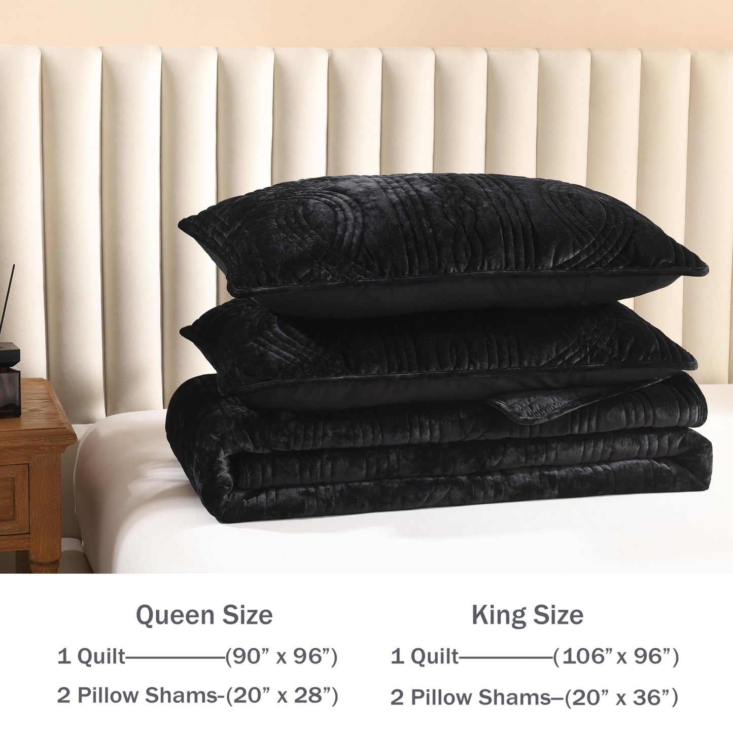 Homzard Velvet Quilt Set Queen Size, Black Velvet Comforter Set, Bedspread Coverlet Quilted Bedding Set,for All Season