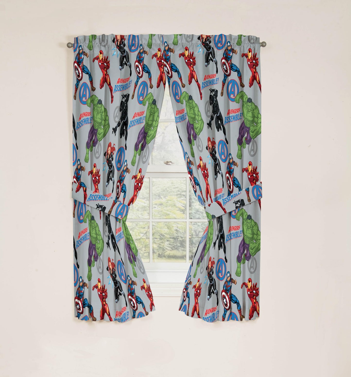 Jay Franco Window Curtains for Kids Bedroom 4-Piece Drape Set with 2 Tiebacks, Grey - Avengers, 42" W x 63" L (Pack of 2)