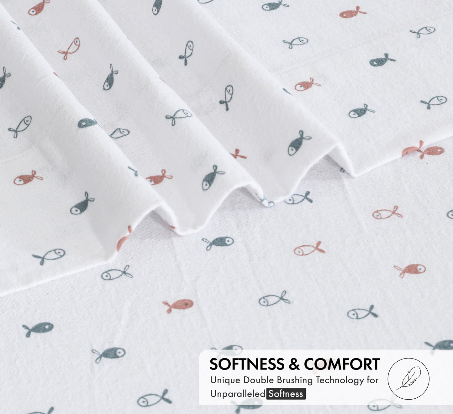 RUVANTI Flannel Sheets Queen Size - 100% Cotton Double Brushed Bed Sheets, Deep Pockets 16 Inches Queen Sheet Set, All Seasons Breathable & Extra Soft - Warm & Cozy, 4 Piece, Little Swimmers