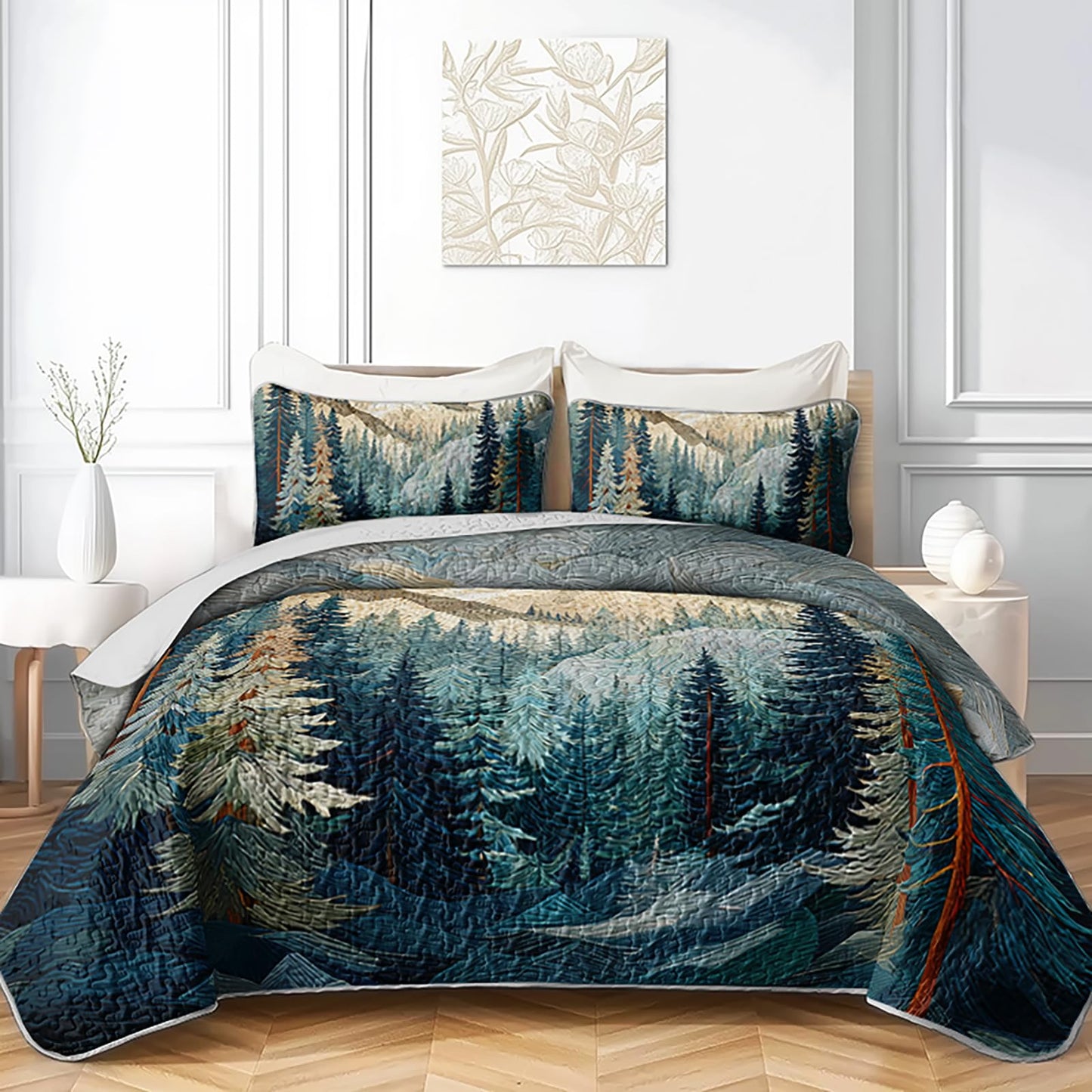 AILONEN Queen Bedspread Coverlet,Mountain Forest Pine Tree Textured Landscape Blue Green Bedding Quilt,2 Pillowcases,Lightweight Microfiber