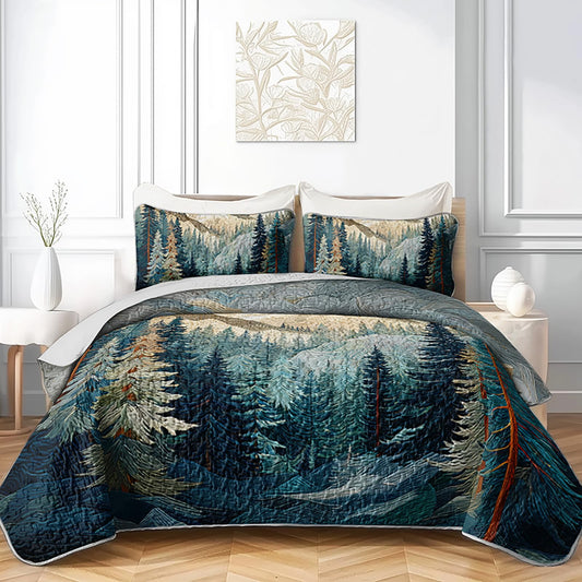 AILONEN Queen Bedspread Coverlet,Mountain Forest Pine Tree Textured Landscape Blue Green Bedding Quilt,2 Pillowcases,Lightweight Microfiber