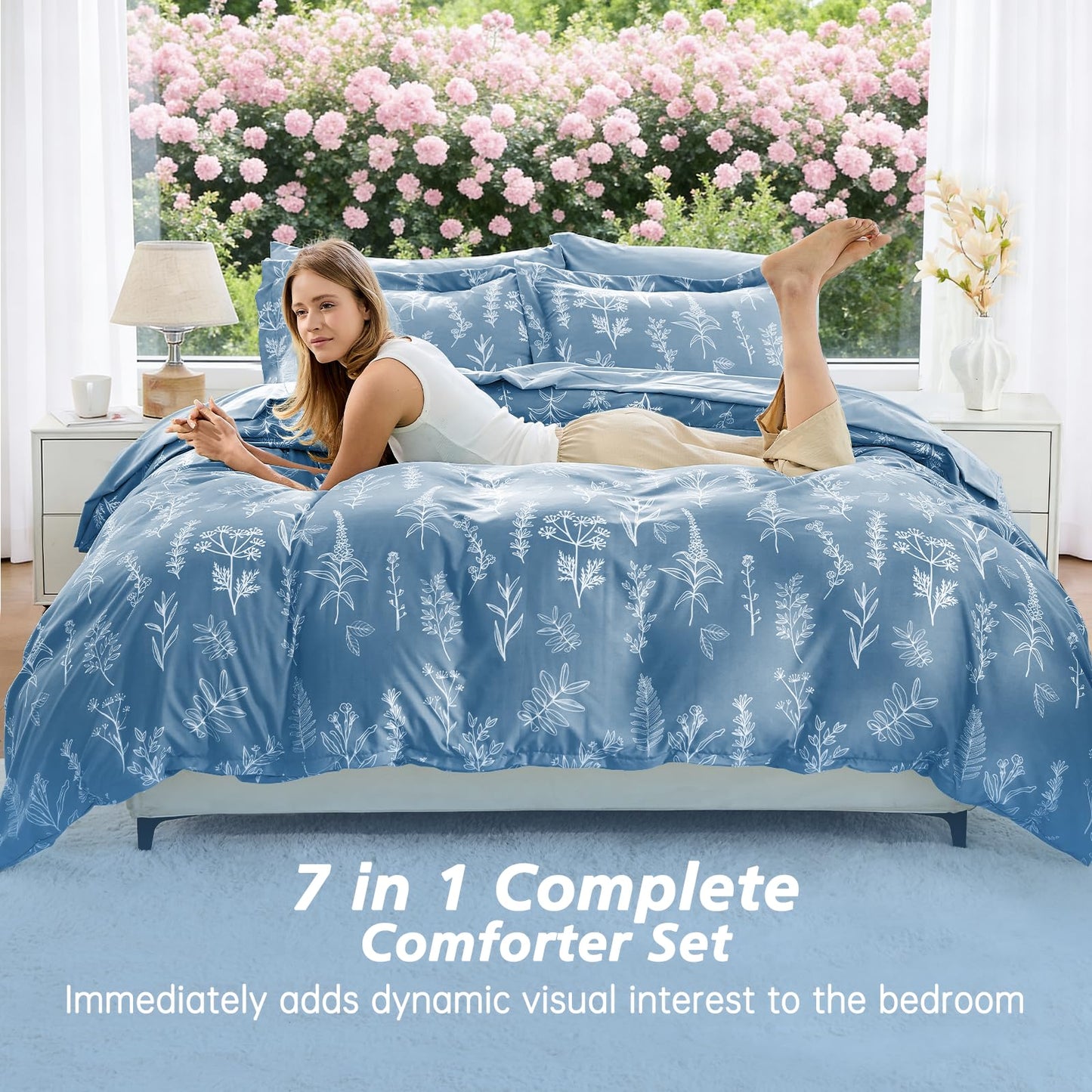 MUXHOMO Ice Blue Bed in a Bag King 7 Pieces, King Comforter Set Reversible Botanical Flowers Design, Ultra Soft & Breathable Bedding Sets with Comforter, Sheets, Pillowcases & Shams