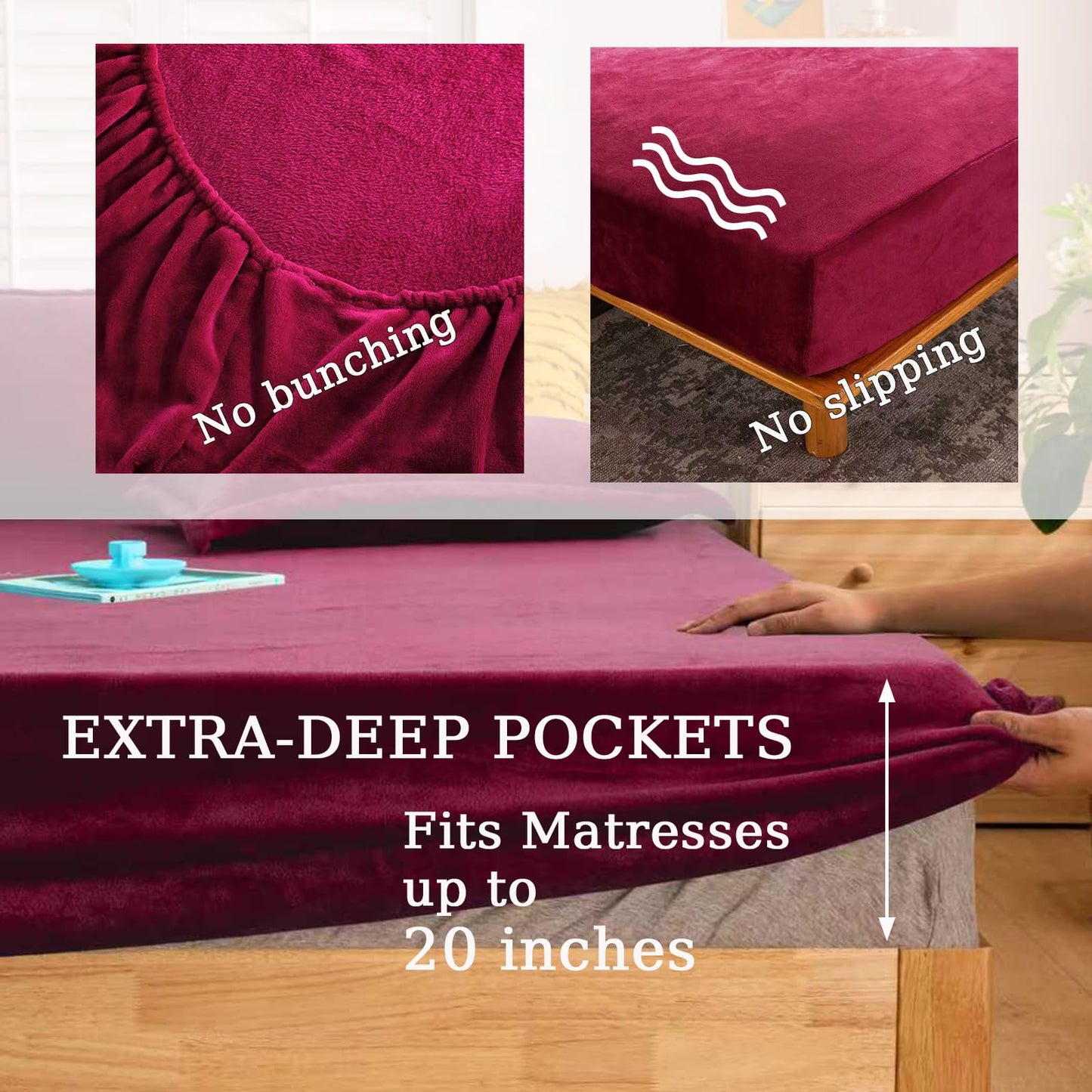 MorroMorn Luxury Plush Fleece Fitted Sheet Sets with 20" Deep Pocket for Thick Mattresses 360° Snug Fit Non-Slip, Ultra Soft 3-Piece Bedding Set Cozy Warm for Cold Sleepers (Red, Twin)