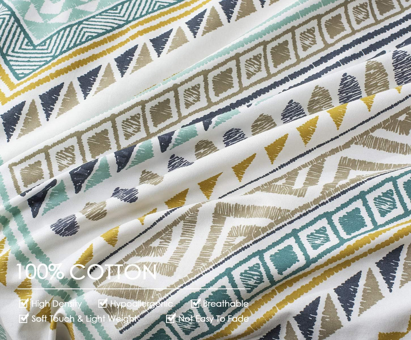 SLEEPBELLA Comforter King Size, 600 Thread Count Cotton Yellow & Dark Blue Bohemian Pattern Printed on White Reversible Comforter Sets,Down Alternative Bedding Set 3Pcs (King, Teal Geometric)