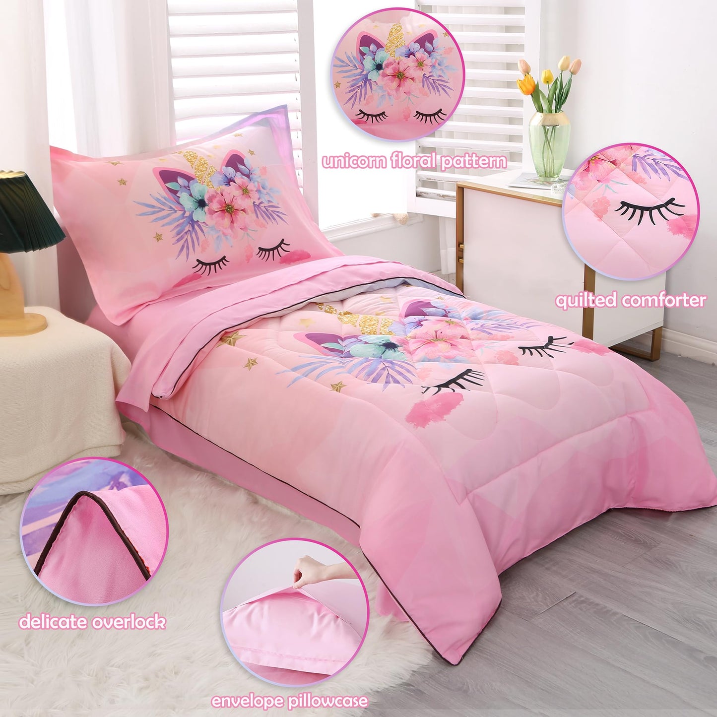 KINBEDY Toddler Bedding Set 4 Piece Pink Unicorn Crib Bedding Set for Girls Soft Cute Floral Toddler Bed Sheets Comforter Set Baby Bedroom Set, Include Comforter, Flat Sheet, Fitted Sheet, Pillowcase