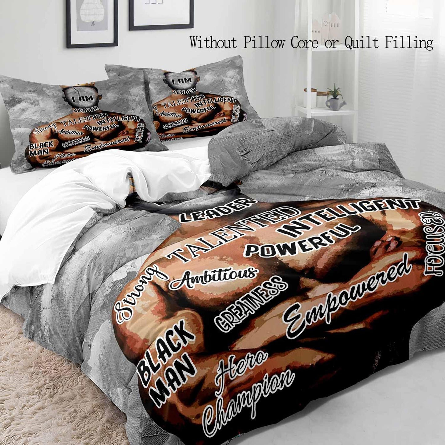 LUVIVIHOME 3PCS African American Black Man Bedding Set, King Duvet Cover, Modern Abstract Afro Black King Grey Comforter Cover, Positive Inspirational Gifts for Men Boyfriend Husband, 2 Pillow Cases