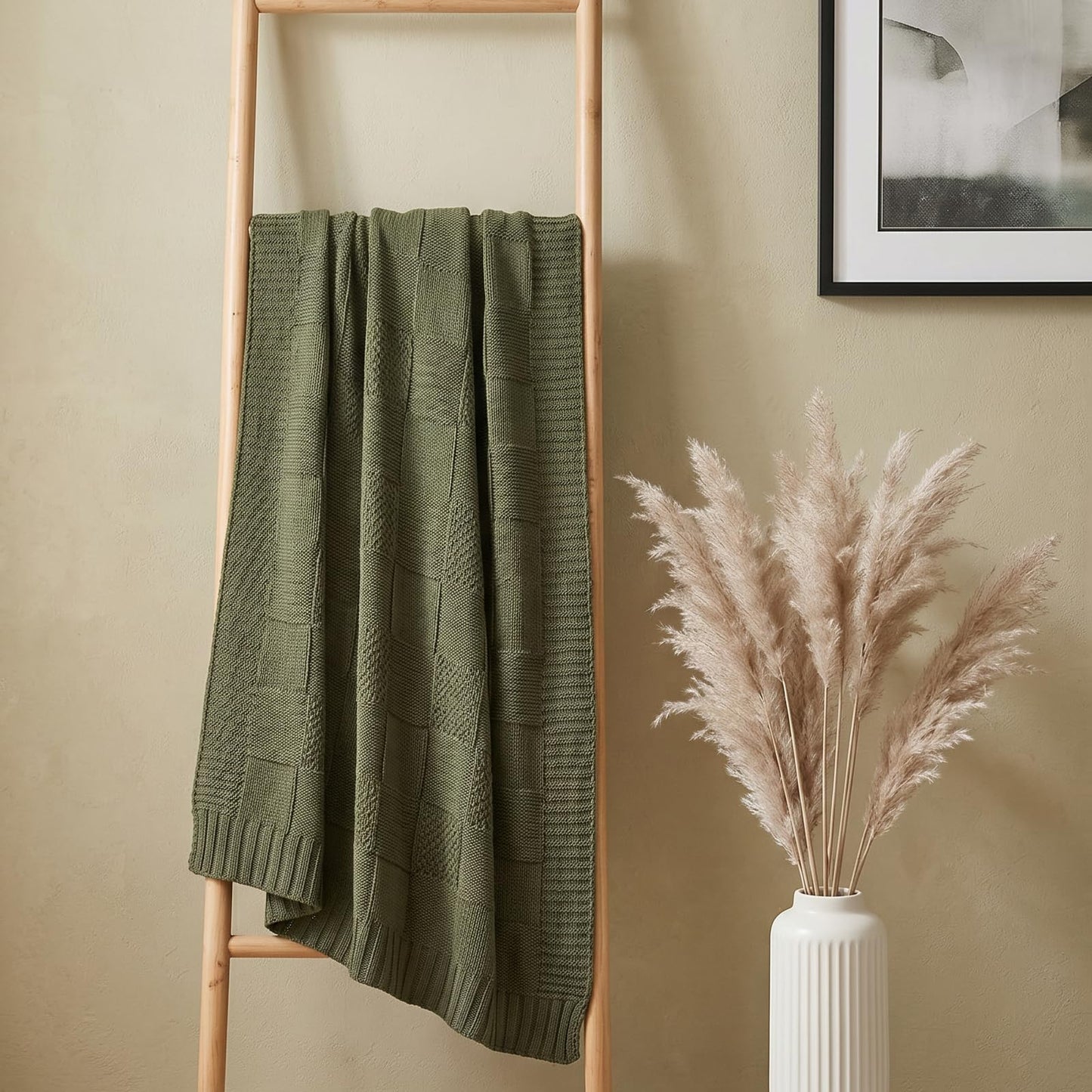 Chunky Knit Throw Blanket for Couch, Oversized Decorative Knitted Blanket, Soft Luxurious Moss Stitch Chair Blankets for Sofa and Bed, Cozy Farmhouse Boho Home Decor, Olive Green, 50" x 70"