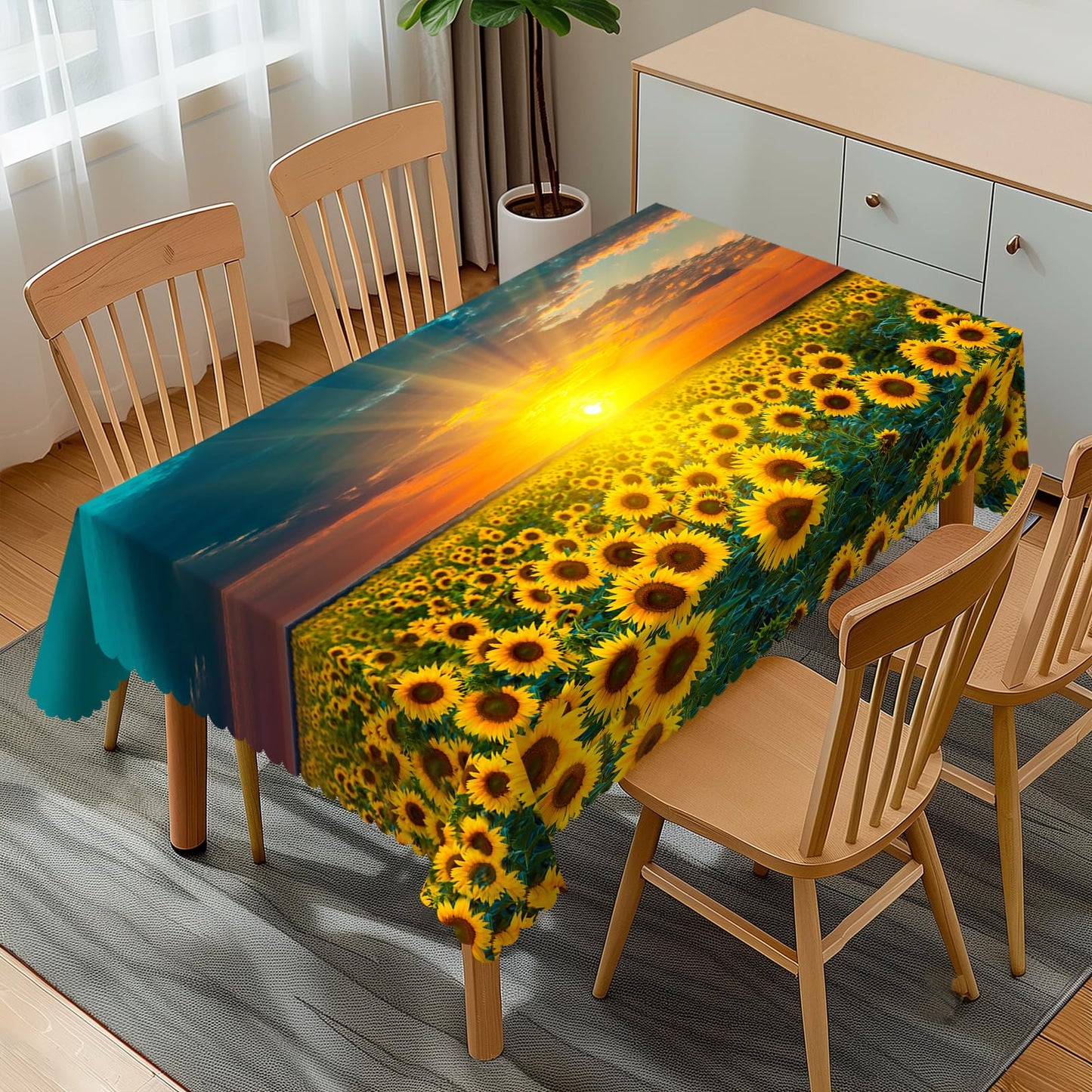 GOUROISE Sunflower Fields Rectangular Tablecloth, Sunset Sunrise 54x72 Inch Wavy Lace Border Polyester Table Cloth for Dining, Kitchen, Parties