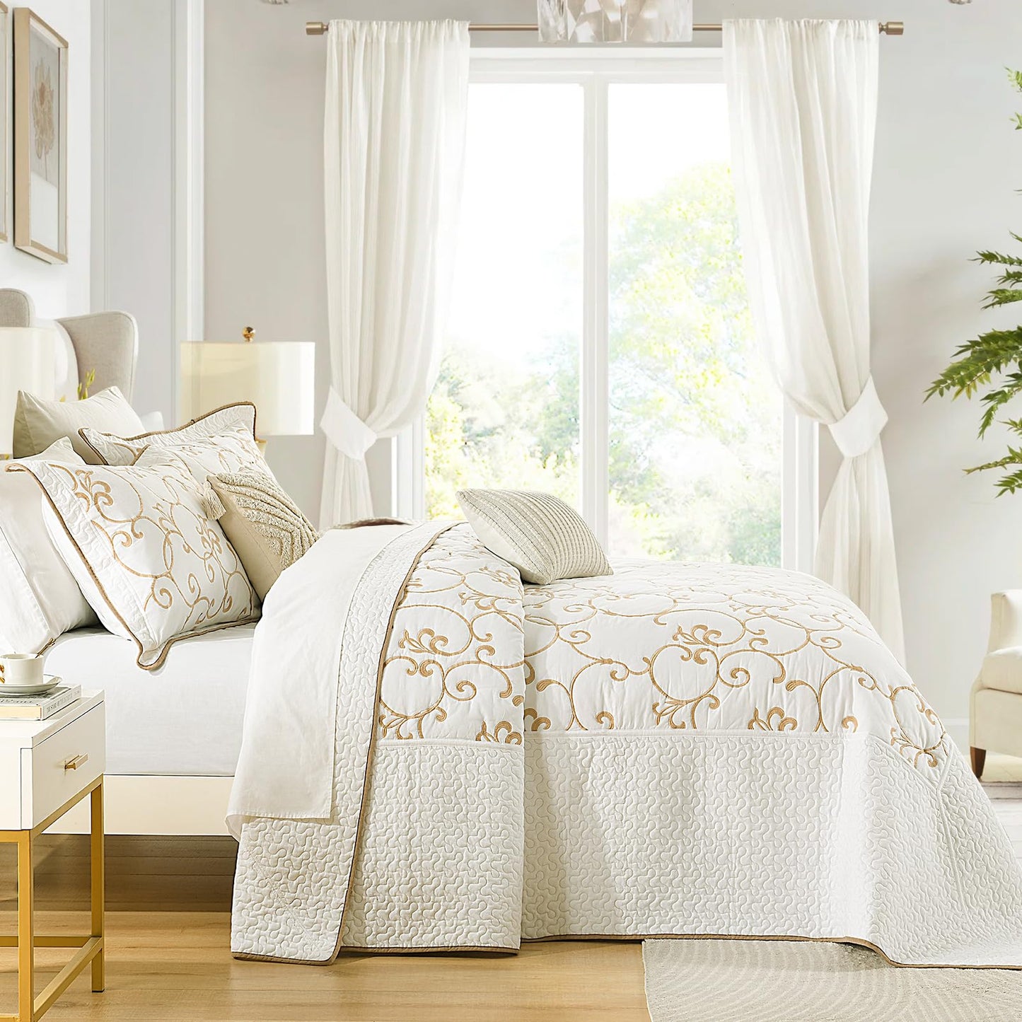 FineStichery 100% Cotton Oversized Bedspread Quilt Coverlet Set, 120"x120" Extra Large King Bedspreads with Pillow Shams, Lightweight Embroidered Bedding Cover 3 Piece, Beige/White