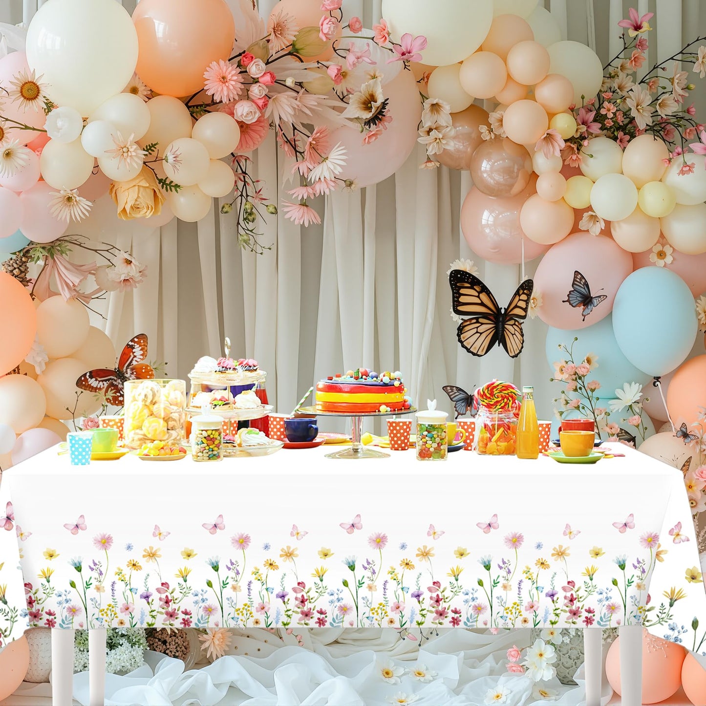 Lianxuia 3Pcs Spring Floral Tablecloth, 54 x 108 Inch Butterfly Wildflower Plastic Table Cover, Disposable Flower Themed Table Cloth for Wedding, Mothers Day, Tea Party Decorations