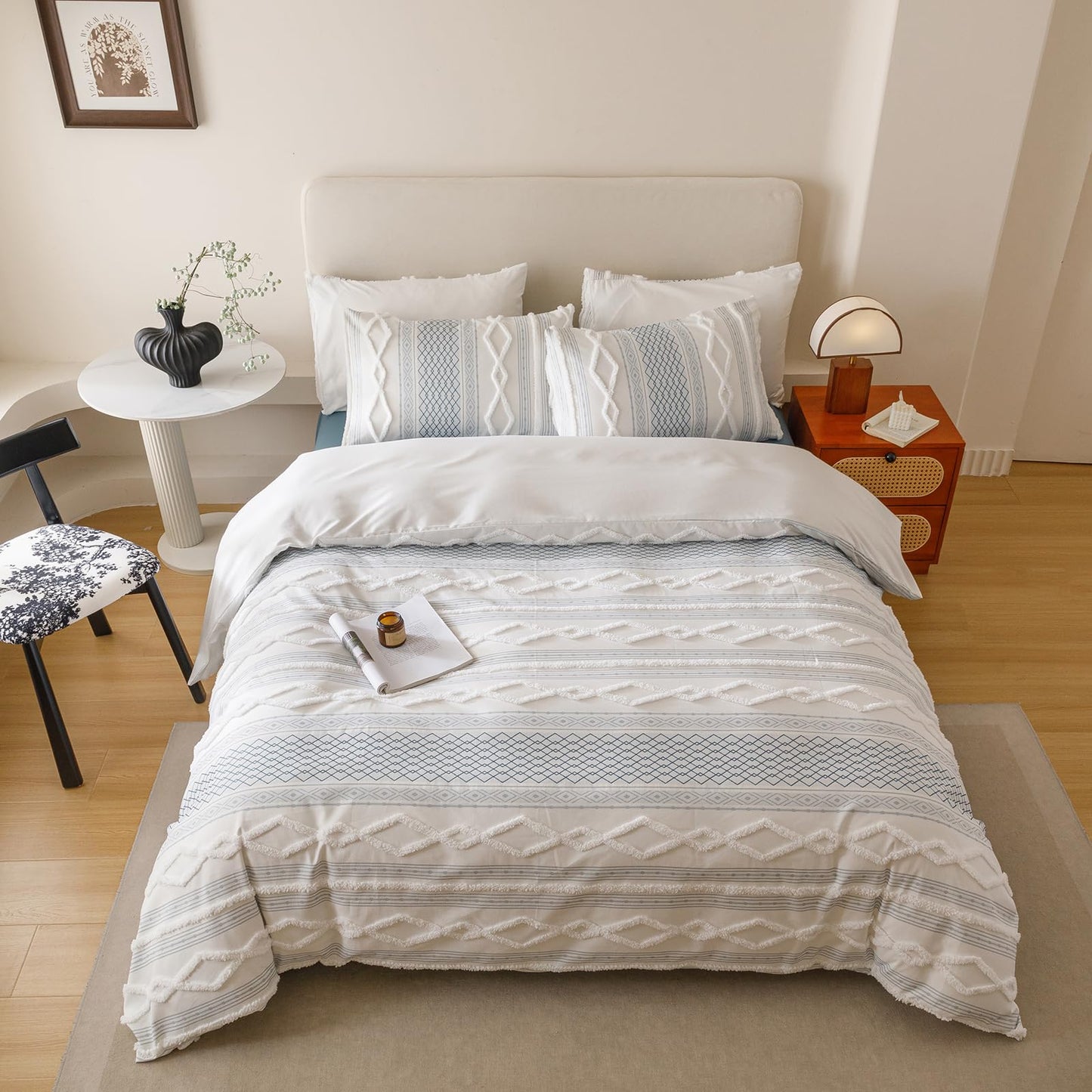 CLOTHKNOW White Blue Bohemian Queen Comforter Set Farmhouse Bedding Comforter Sets Clipped Jacquard Stripes Comforter Soft Fluffy