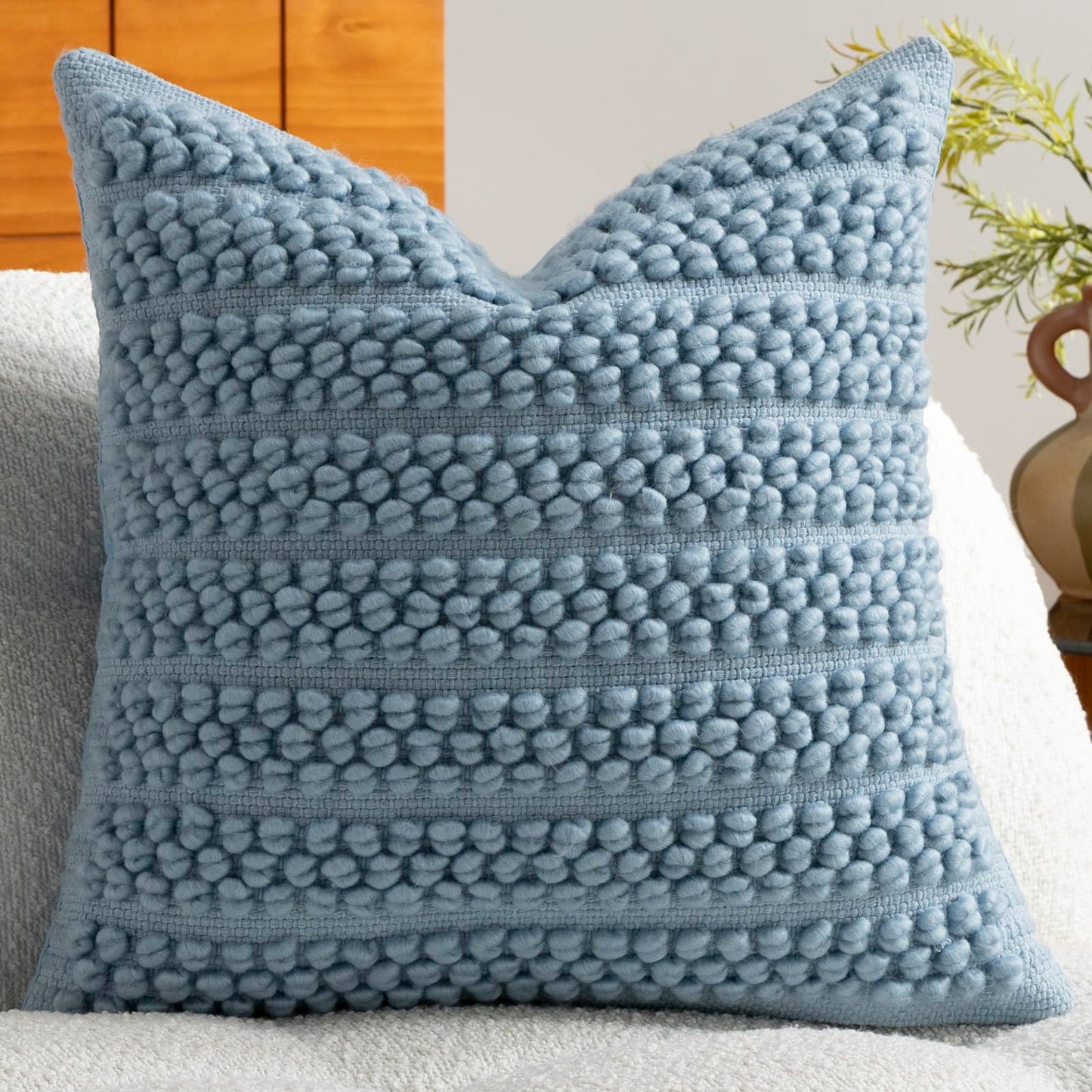 DEZENE Wool Boucle Throw Pillow Cover Premium Chic Accents Square Textured Decorative Pillow Case for Living Room Couch Sofa Home Decor 18"x18" Blue