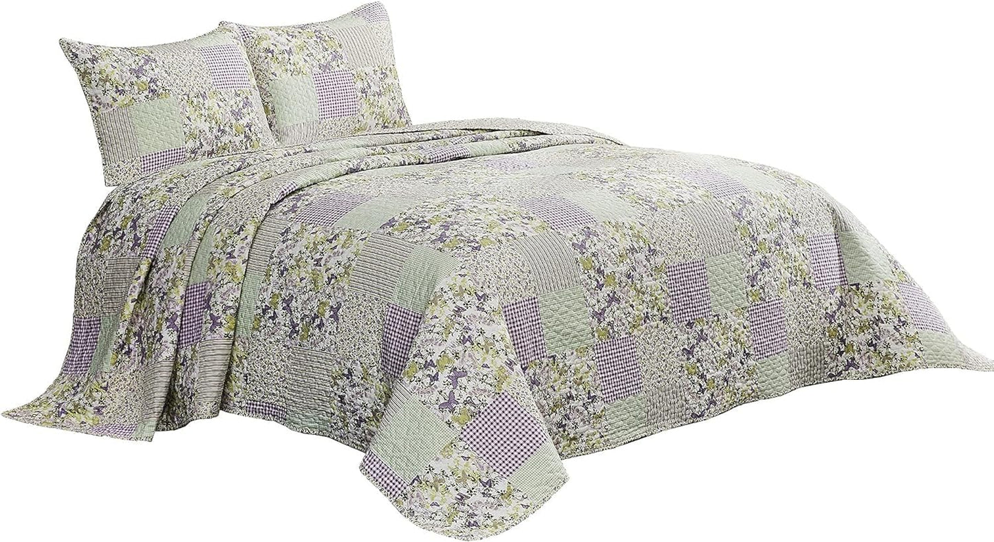 Chezmoi Collection Daisy 3-Piece Printed Patchwork Quilt Set - Purple Butterfly Botanical Candy Stripe Checkered Coverlet - Pre-Washed Microfiber Lightweight Reversible Bedspread, Full Size