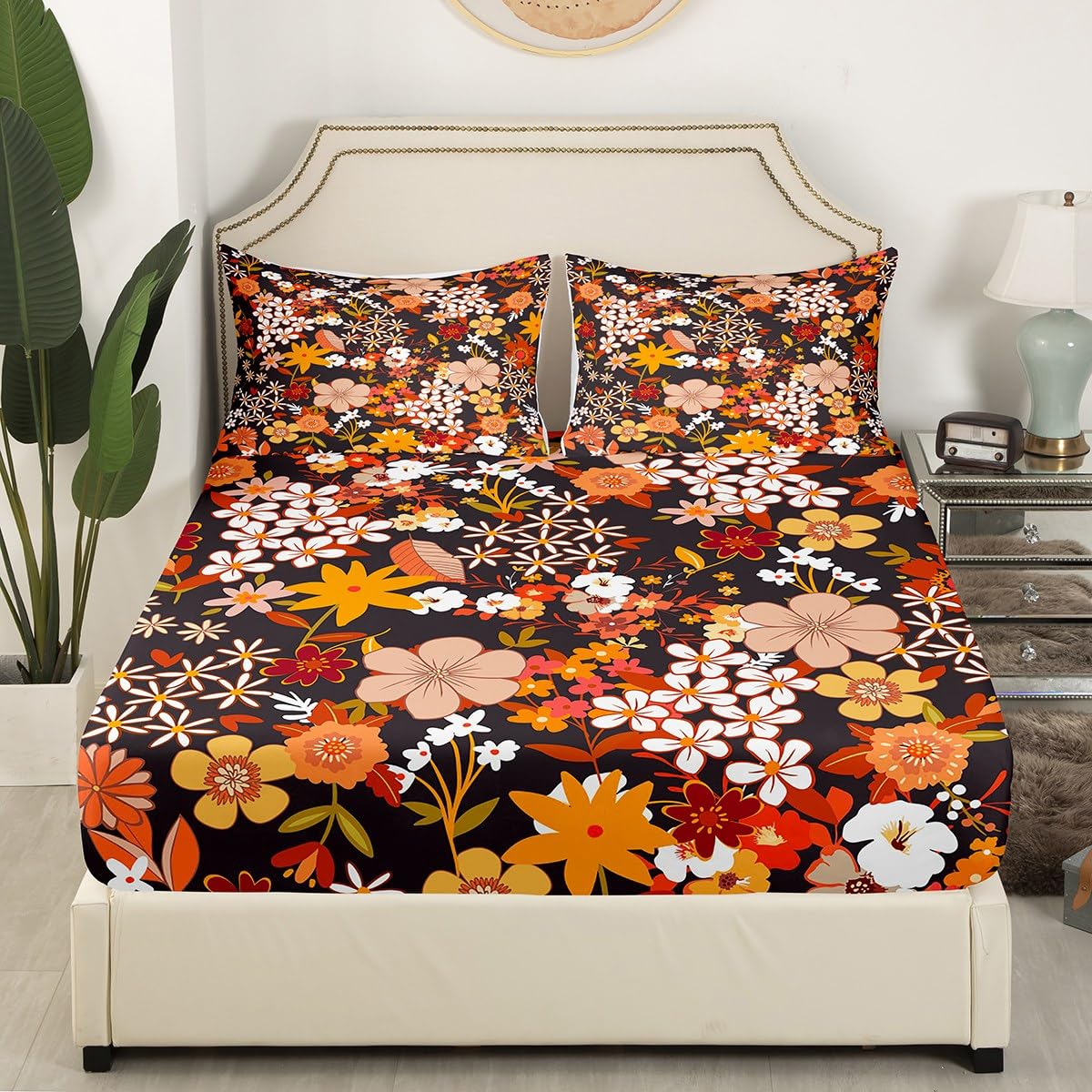 Erosebridal Bed Linen Set - Full Size Floral Hippie Aesthetic 400 Thread Count Bed Sheet Set for Women - 1 Fitted Sheet, 1 Flat Sheet, 2 Pillow Cases
