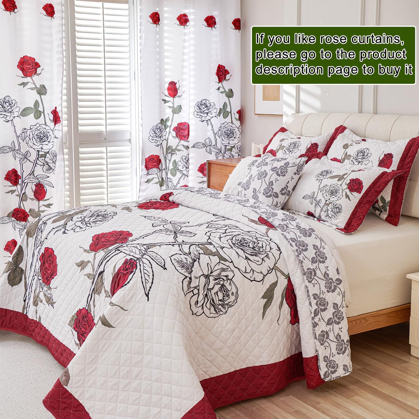 EVENHUG Quilt Queen Size Red Rose Bedding Set Floral Bedspread Lightweight Reversible Bed Cover with 2 Pillow Shams for All Seasons 3 Pieces (92"X96")