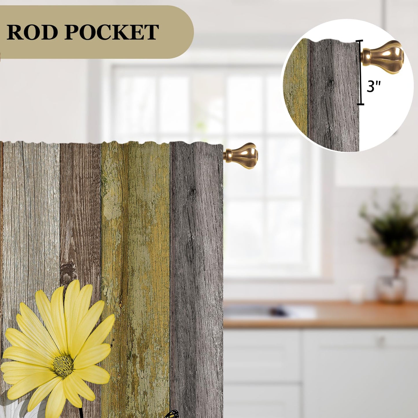 Cizuug Farmhous Yellow Daisy Kitchen Curtains Wooden Flower Small Short Cafe Window Curtains Rustic Floral Butterfly Country Barn Bathroom Drapes Treatment Tier Curtains 2 Panels