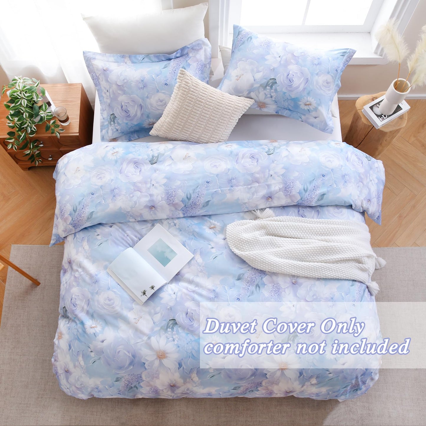 Ocharo Floral 100% Cotton Duvet Cover King Size,Reversible Blue White Daisy Comforter Cover with Zipper Closure,Soft 3 Pieces Luxury Cotton Bedding Sets with 2 Pillow Shams (20"x36")