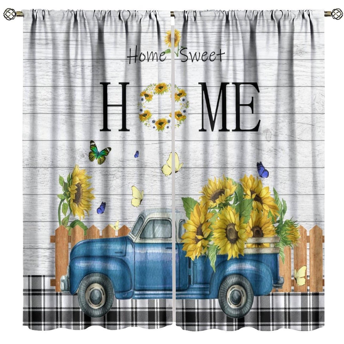 Nanacur Country Farmhouse Truck Curtains, Retro Rustic Truck Sunflower Butterfly Wooden Print Window Drapes, for Bedroom Living Room 42" W X 45" L (Decorative)