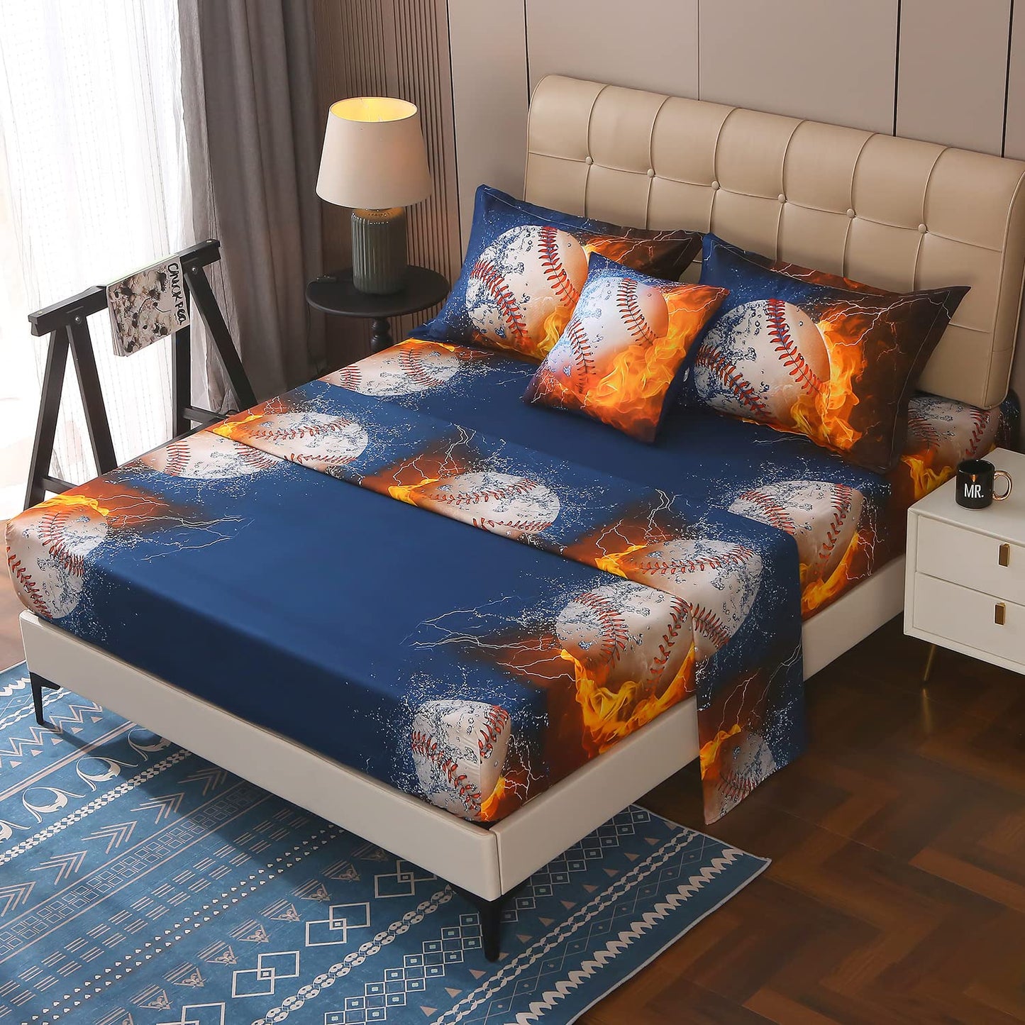 JQinHome Queen Baseball and Fire Comforter Sets for Boys,6 Piece Bed in A Bag 3D Sport Themed Bedding -All Season Soft Microfiber Bedding Sets with Sheets