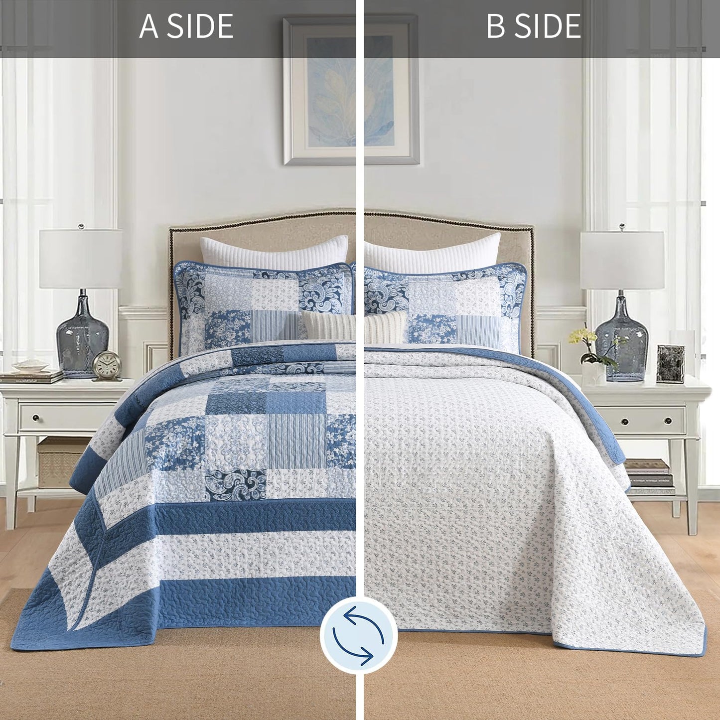 FineStichery 100% Cotton King Bedspread 120x120, Oversized Quilt Set, Farmhouse Extra Large Coverlet, Plaid Botanical and Paisley Pattern, Lightweight, Reversible, 3 Piece, Blue/White