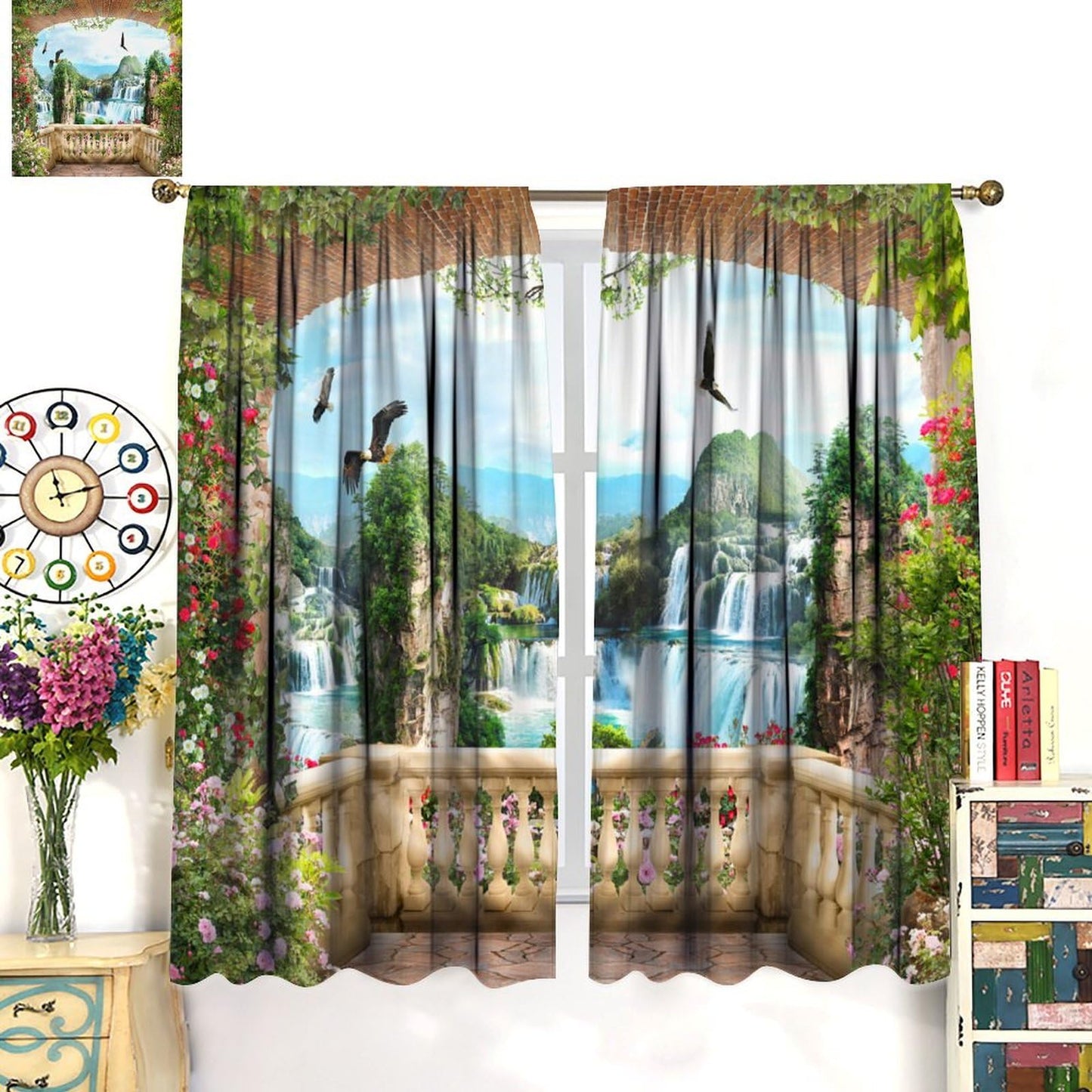 Yoakiet Italian Landscape Curtains,Old Stone Arches Sea Viewing Balcony Mural Waterfall Garden Flower Plant Print Rod Pocket Window Treatments Drapes for Bedroom Kitchen Living Room 42" W X 45" L