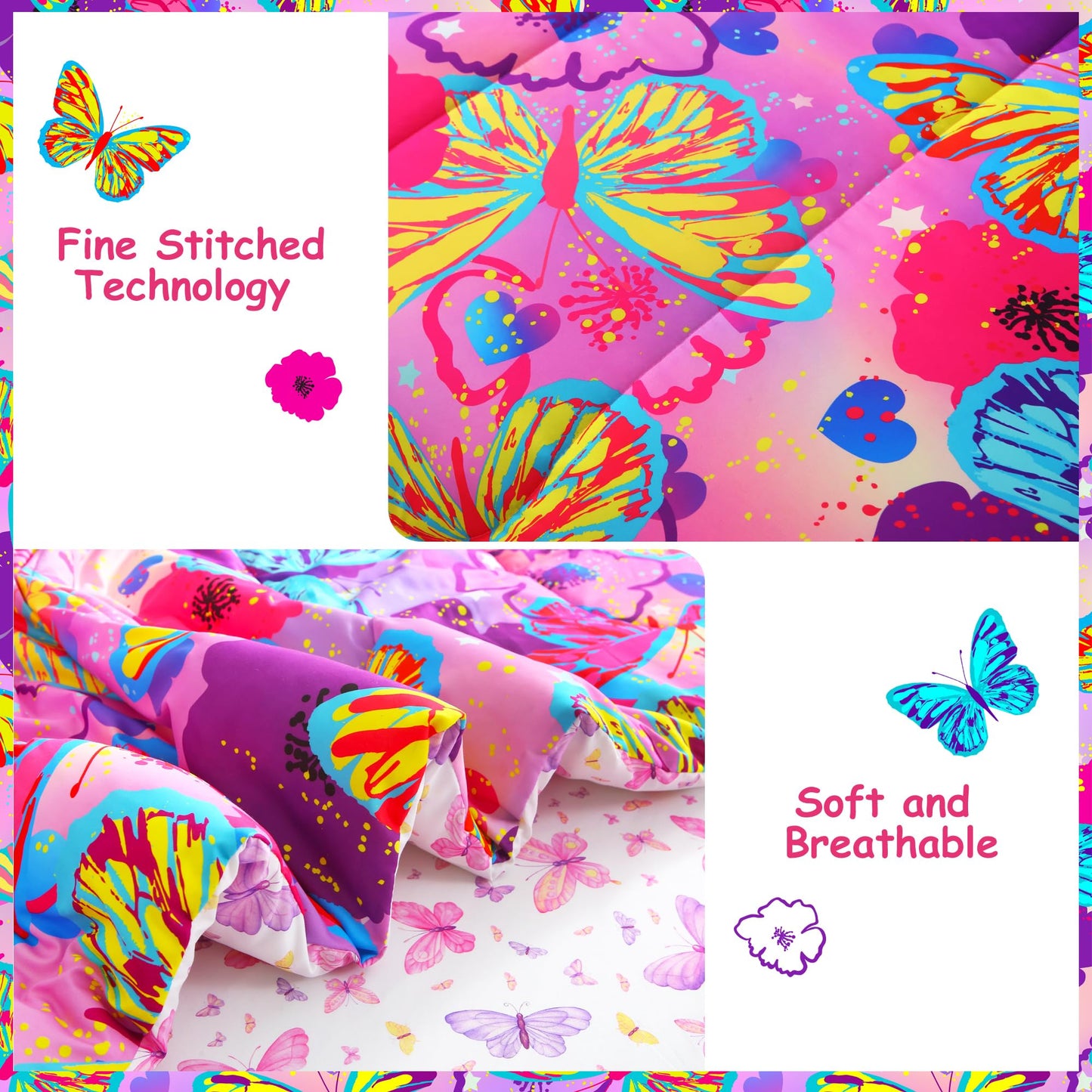 Mooreeke Kids Twin Comforter Sets for Girls 6 Pieces Pink Purple Bedding Set for Teens Microfiber Butterfly Kids Bed in A Bag with Comforter, Sheet Set, Shams and Decorative Toy Pillow