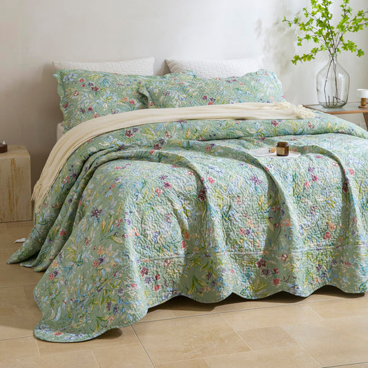 Masaca Oversized King Bedspread 128"x120",Green Floral Quilt Set Oversized 3Pcs Lightweight Flower Bird Butterfly Print Botanical Scallop California King Size Bedding Coverlet Extra Large
