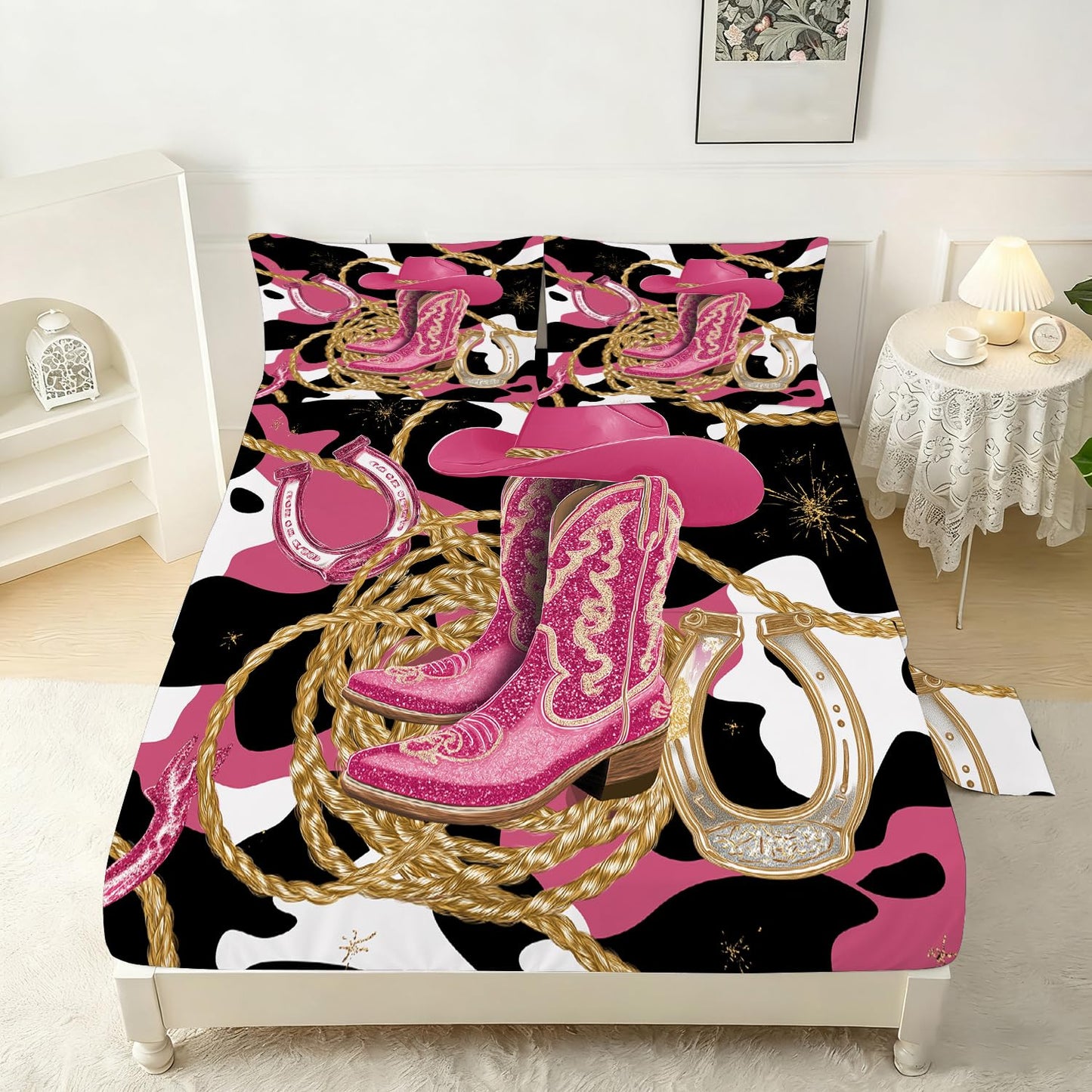 VTKON Pink Cowgirl Sheet Set Twin Size for Girls Boys Kids Women Glitter Boots & Horseshoe Print Fitted Sheet Set Cowhide Pattern Bed Sheets 1 Fitted Sheet+1 Flat Sheet+1 Pillowcase