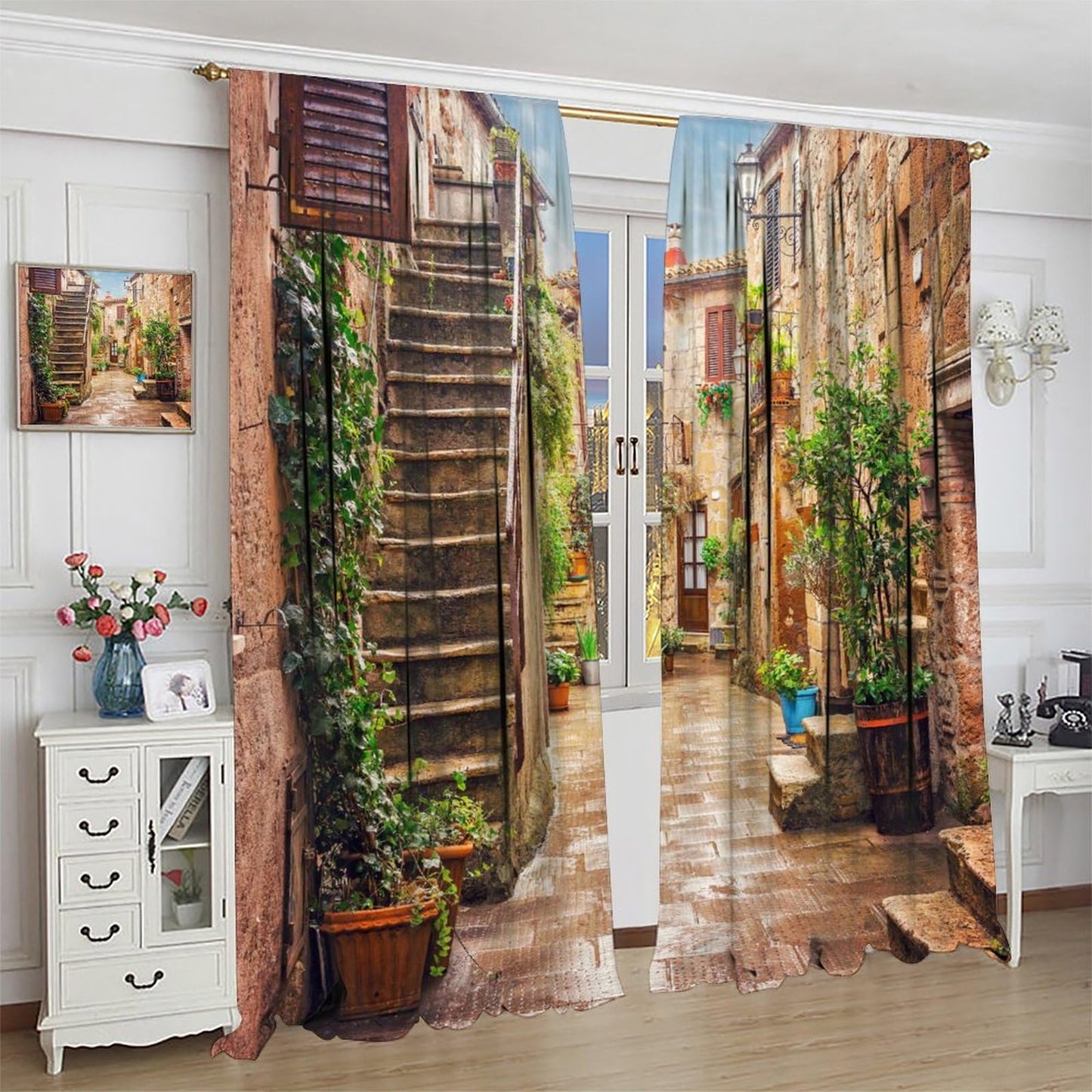 Italian Scenery Blackout Curtain,Stone Rock Houses City Rural Print Window Drapes for Bedroom Living Room Kitchen Cafe Office Decor Thermal Insulated Darkening Drapes 42x45 Inch