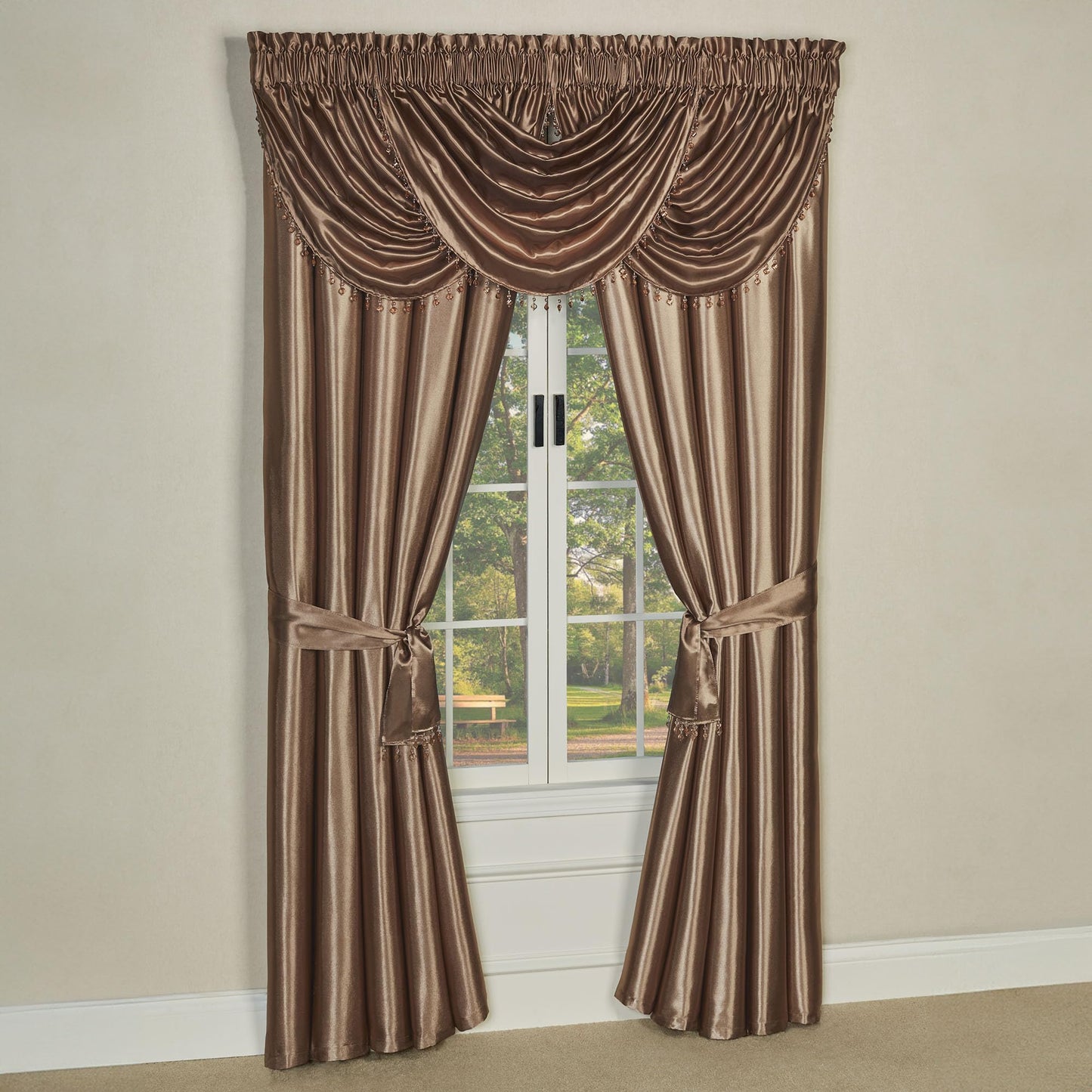 Touch of Class Portia Luxury Window Treatment | Smoky Topaz | Premier Smooth Polyester Satin Elegant 4 Piece Window Drapery Set with 3 Waterfall Valances and 84 Inch Long Curtain Pair