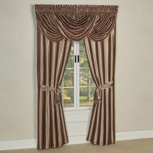 Touch of Class Portia Luxury Window Treatment | Smoky Topaz | Premier Smooth Polyester Satin Elegant 4 Piece Window Drapery Set with 3 Waterfall Valances and 84 Inch Long Curtain Pair