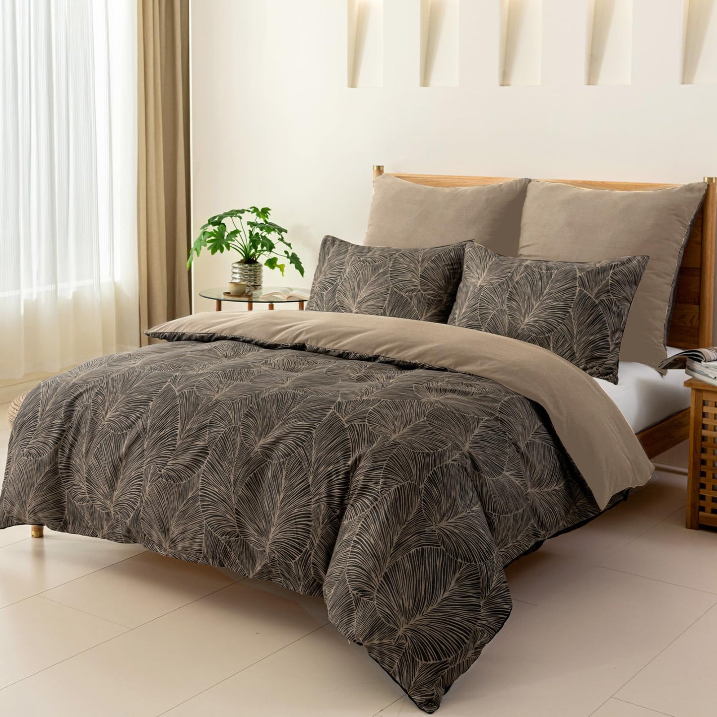 Lekesky Queen Size Duvet Cover Set, Reversible Queen Comforter Cover with Tropical Leaves Pattern, Soft 100% Washed Microfiber 3 Pieces Khaki Bedding Set with Zipper and 2 Pillowcases